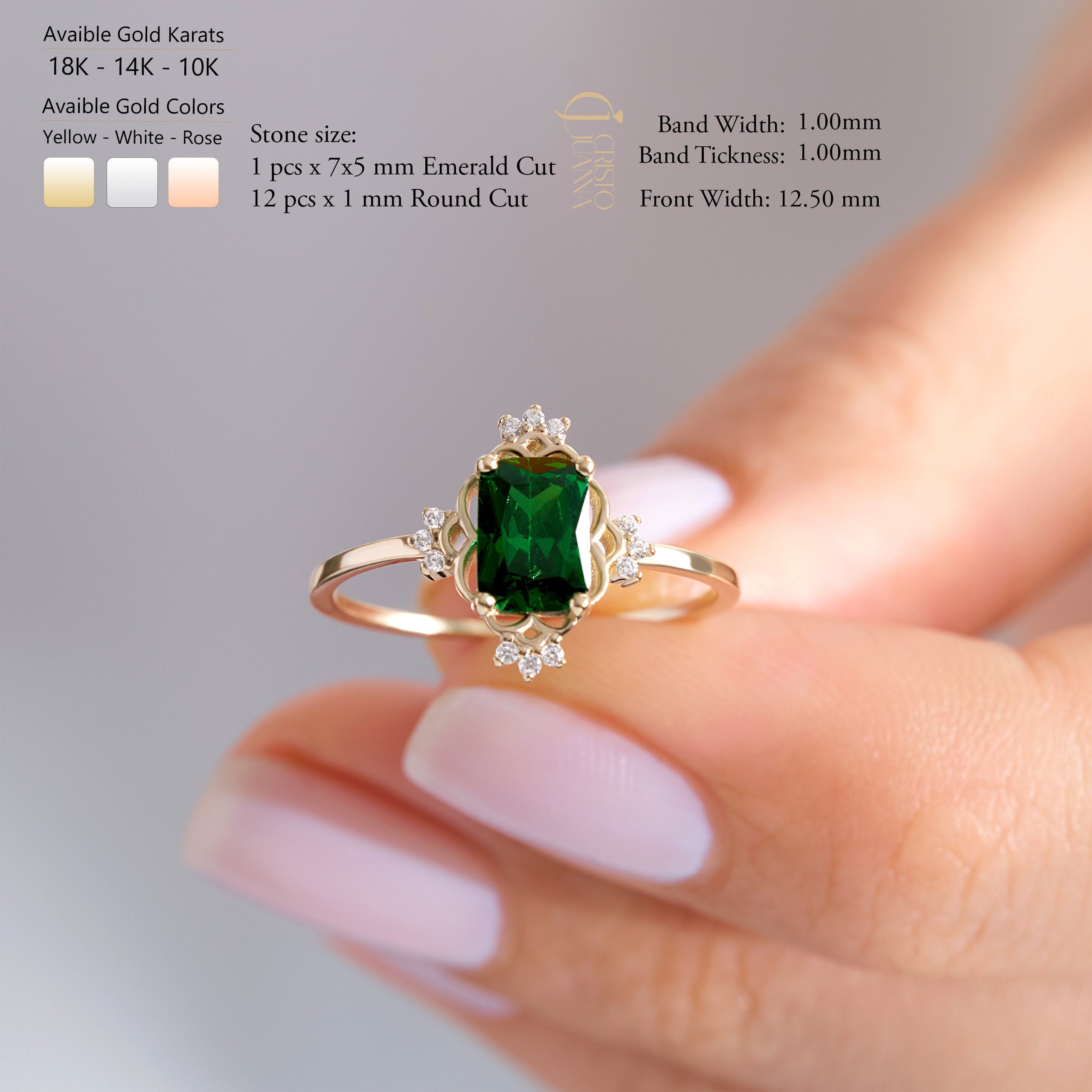Emerald Cut Emerald Wedding Ring – 14K Solid Gold Band with Side Diamonds 💚✨
This Emerald Cut Wedding Ring celebrates timeless beauty and craftsmanship. Featuring a stunning 7x5 mm natural emerald surrounded by sparkling side diamonds, it radiates sophistication and meaning. The rectangular emerald symbolizes renewal and growth — a perfect piece for weddings, anniversaries, or milestone celebrations.