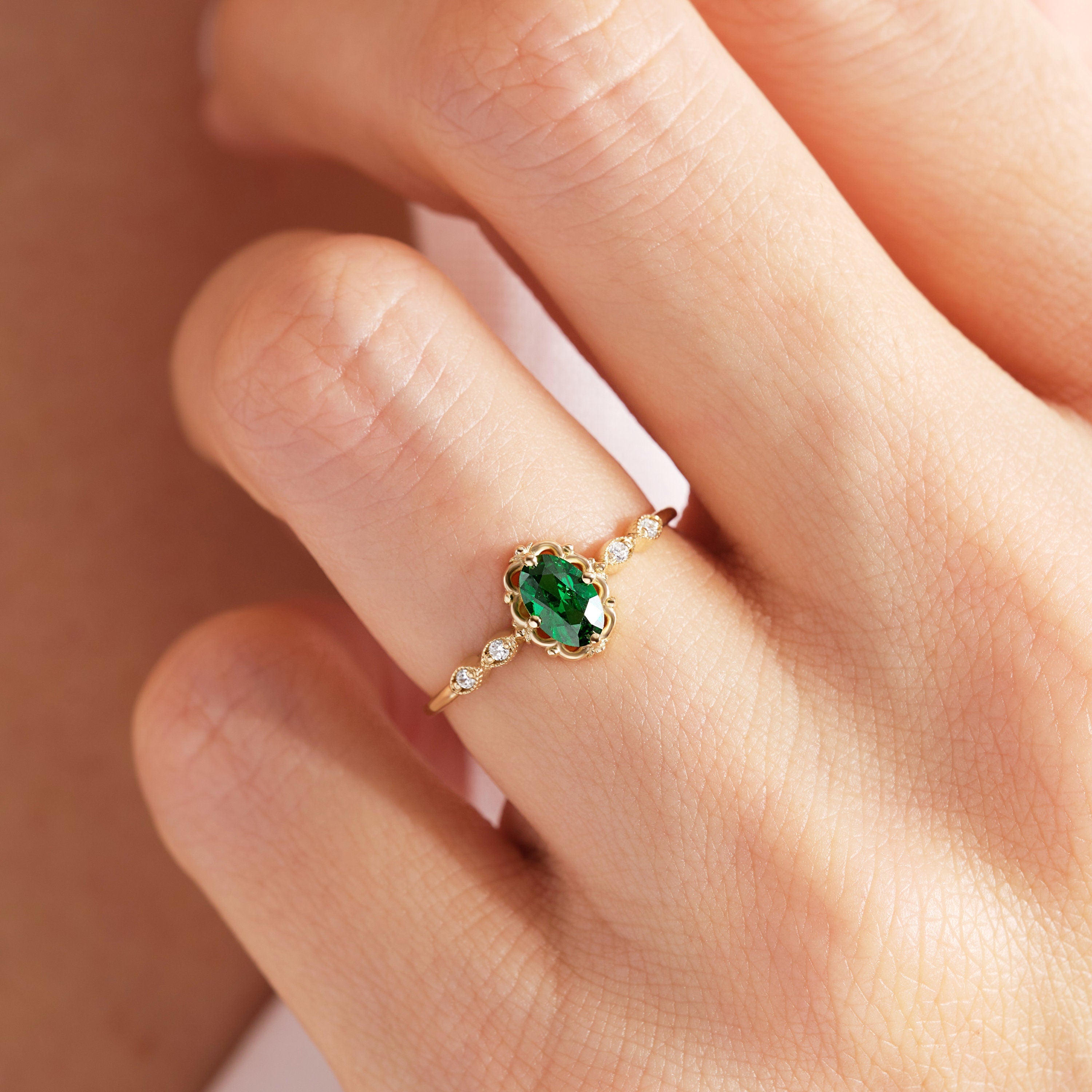 14K Solid Gold Natural Emerald Ring: Art Deco Genuine Raw Birthstone Wedding Band with Halo Diamond or Moissanite