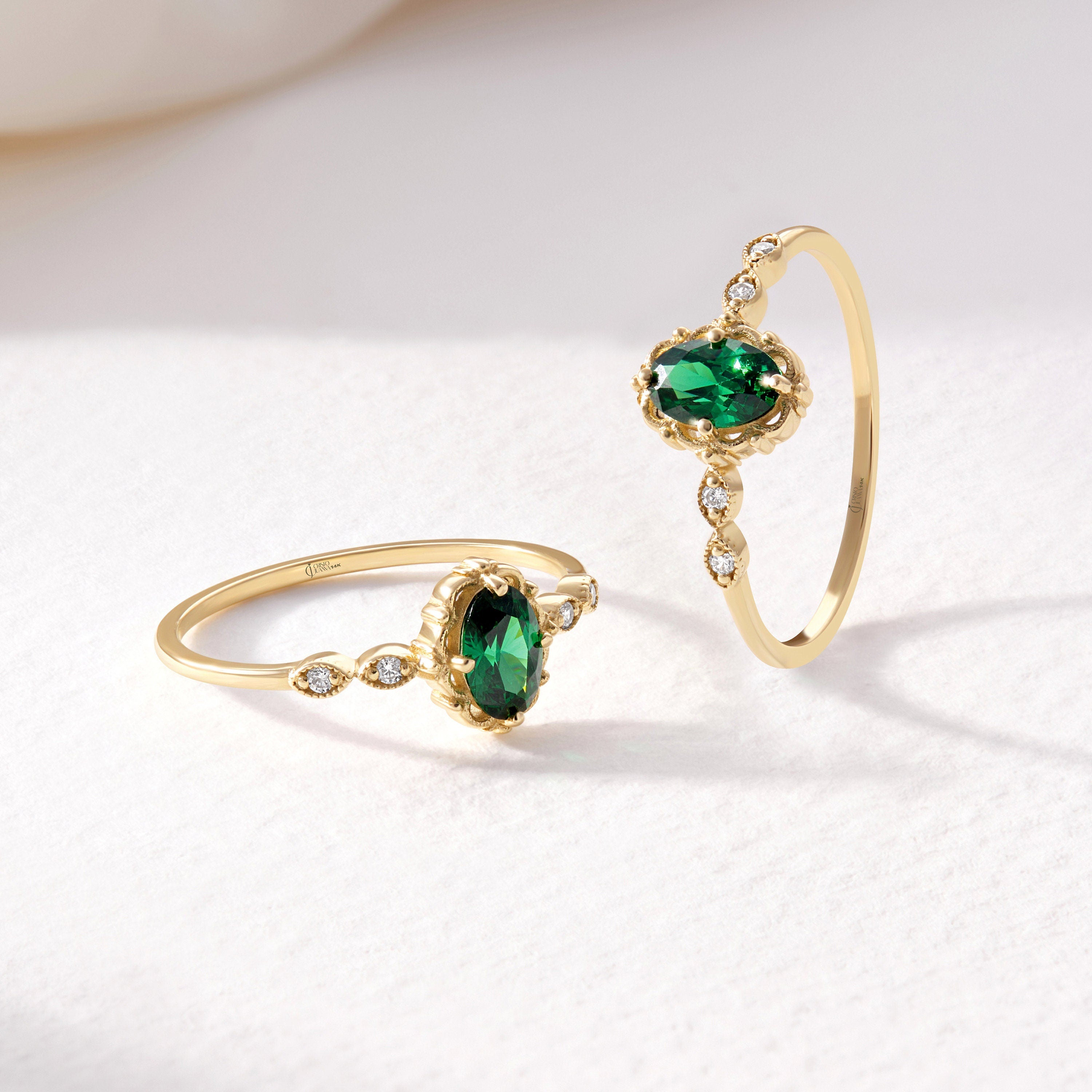 We combined oval emerald engagement ring with 14K solid gold small side diamond and created emerald diamond ring! This art deco emerald green wedding ring with tiny diamond can be customize with her birthstone! Are you looking for emerald ring gold and may birthstone ring. Here is emerald promise ring and oval emerald ring for yourself. Discover our thinking of you ring and 14K birthstone ring as a cristojuanna emerald gift.