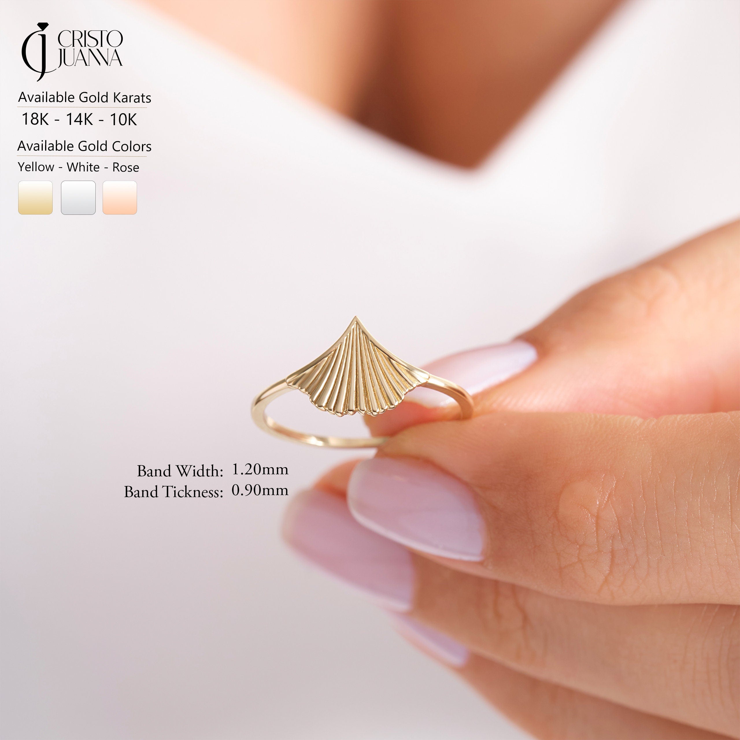 14K Gold Scallop Shell Ring: Dainty Chevron Ocean Jewelry