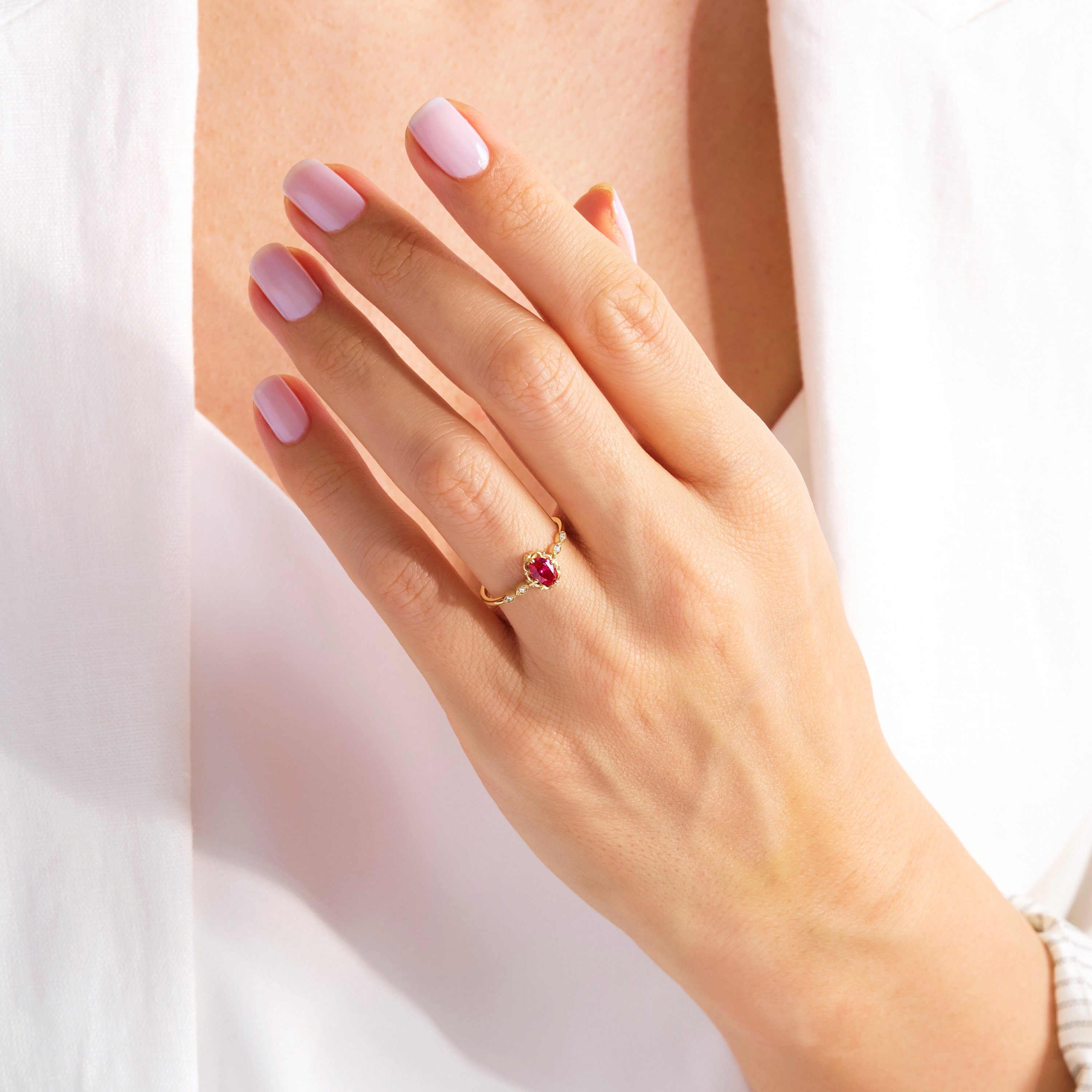 We combined Ruby Diamond Engagement Ring with premium Custom Oval Birthstone Moissanite Wedding Ring and created Luxury 10K 14K 18K Gold Cz Ring for bride! This Rubies Gemstone Ring can be customize with her gemstone depend on her birthmonth!