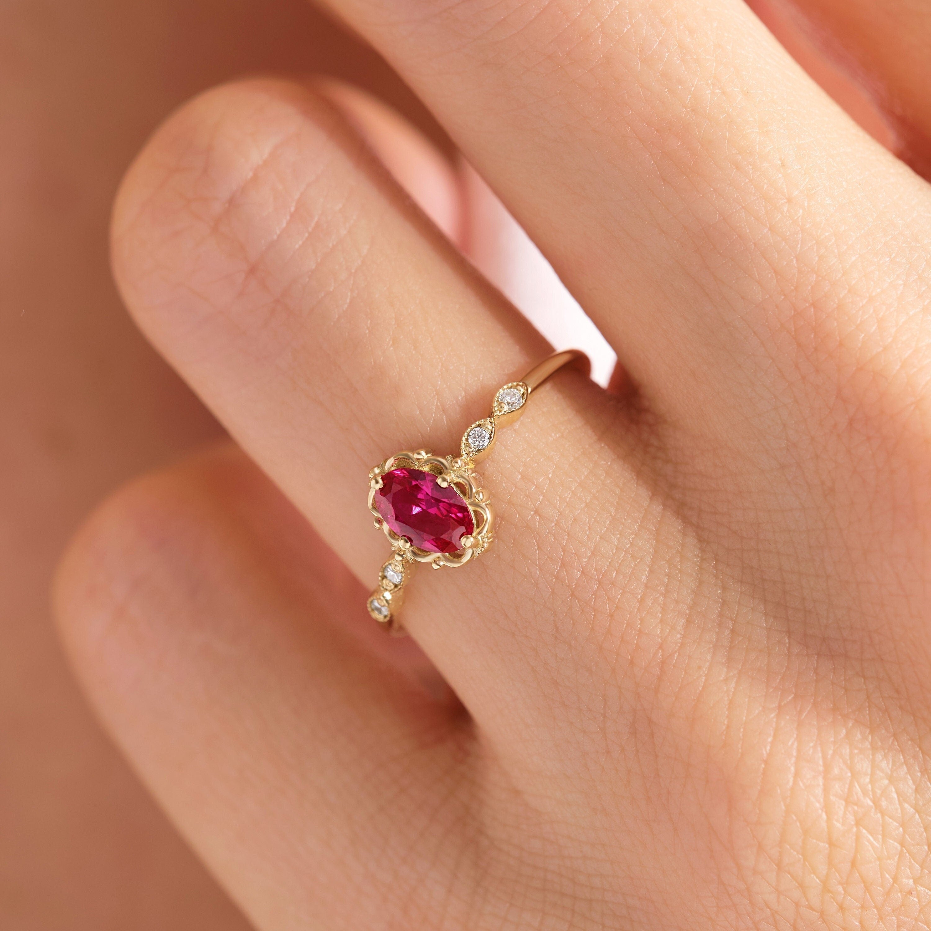 We combined Ruby Diamond Engagement Ring with premium Custom Oval Birthstone Moissanite Wedding Ring and created Luxury 10K 14K 18K Gold Cz Ring for bride! This Rubies Gemstone Ring can be customize with her gemstone depend on her birthmonth!