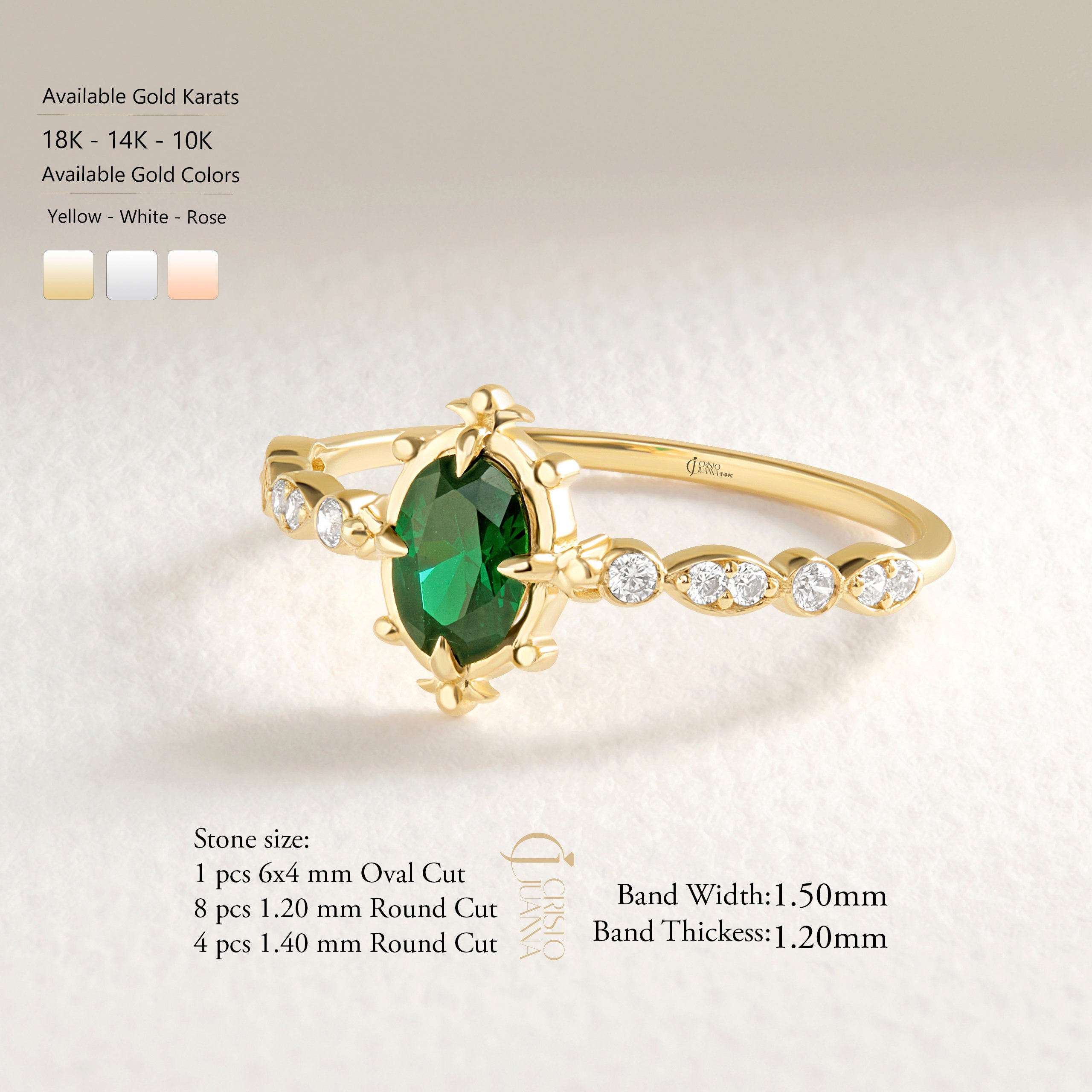 Oval Emerald Art Deco Wedding Ring – 10K / 14K / 18K Solid Gold 💚✨
A stunning oval-cut emerald set on a sleek art deco-inspired band, accented with sparkling round diamonds. Perfect as a birthstone, engagement, or wedding ring, this elegant design can also be customized with Diamond or Moissanite side stones.
