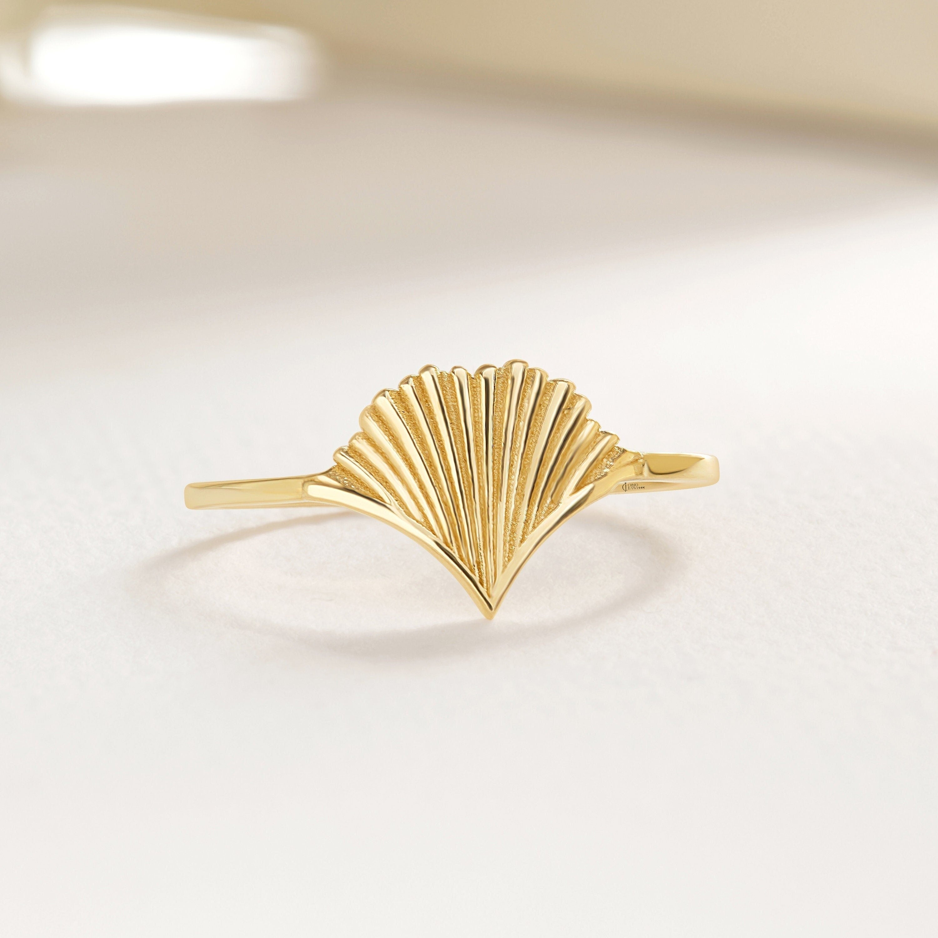 14K Gold Scallop Shell Ring: Dainty Chevron Ocean Jewelry