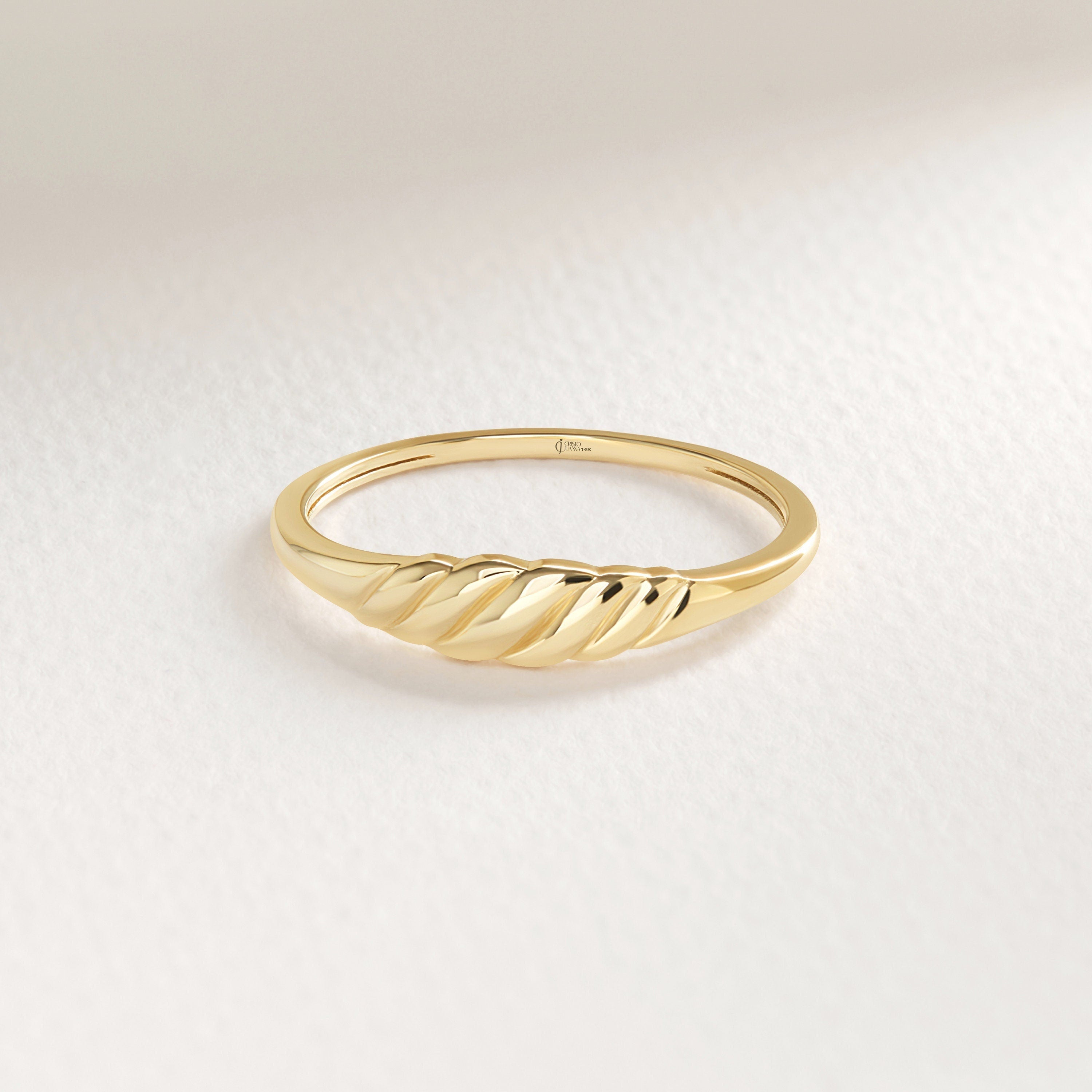 Here's Croissant Dome Statement Ring for Women! This 14K Solid Gold Thick Twisted Rope Wedding Band will be perfect Promising Jewelry for your Bride  in her wedding or engagement ceremony. 18K Bold Signet Ring turns to Elegance Chunky Gold Ring!
