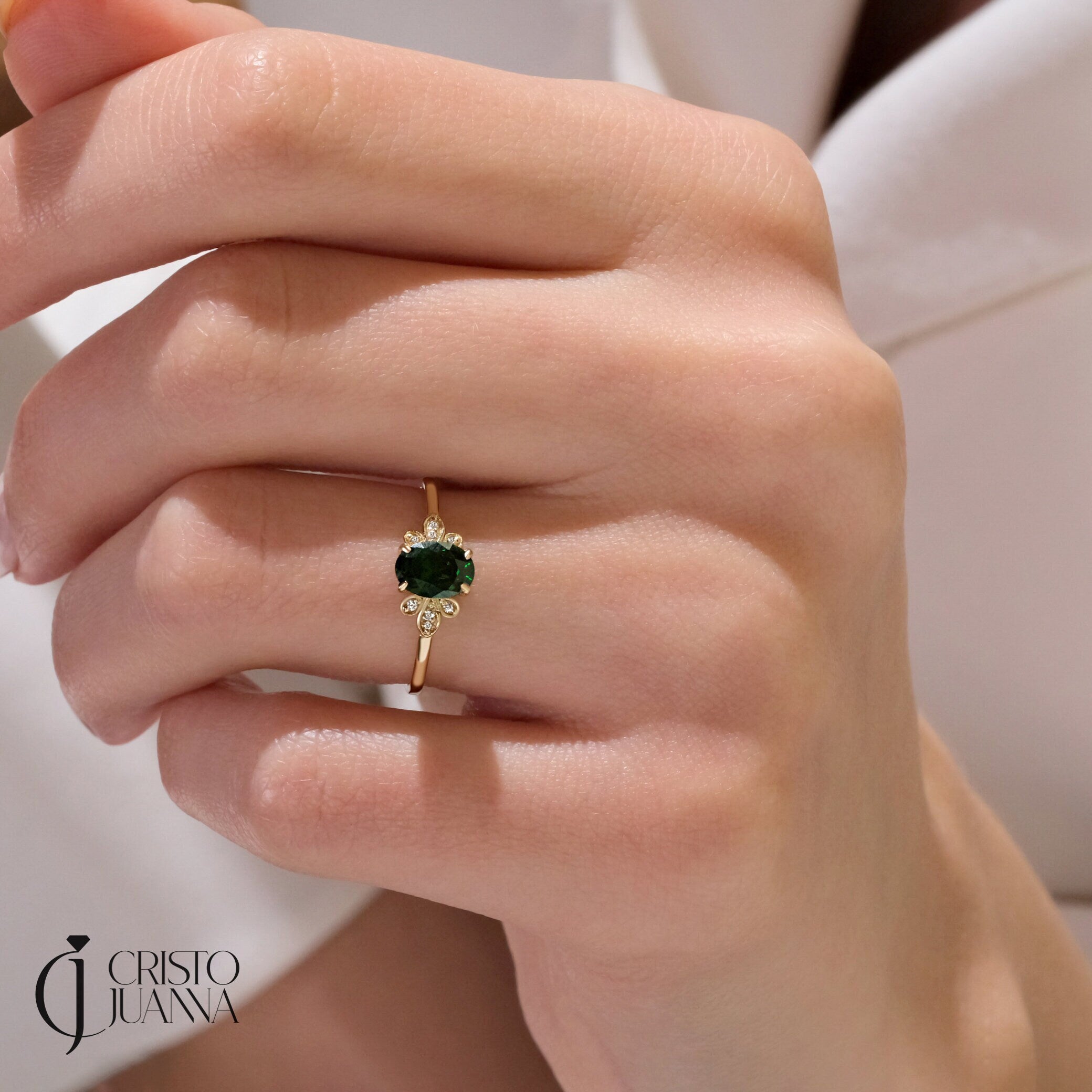 Here is 14K Gold Oval Emerald Engagement Ring with Thin Moissanite! This 10K Gold Birthstone Wedding Ring with Tiny Diamond will be perfect emerald moissanite ring for her, girl and wife! We can create 18K Gold Green Gemstone Ring with her birthday,