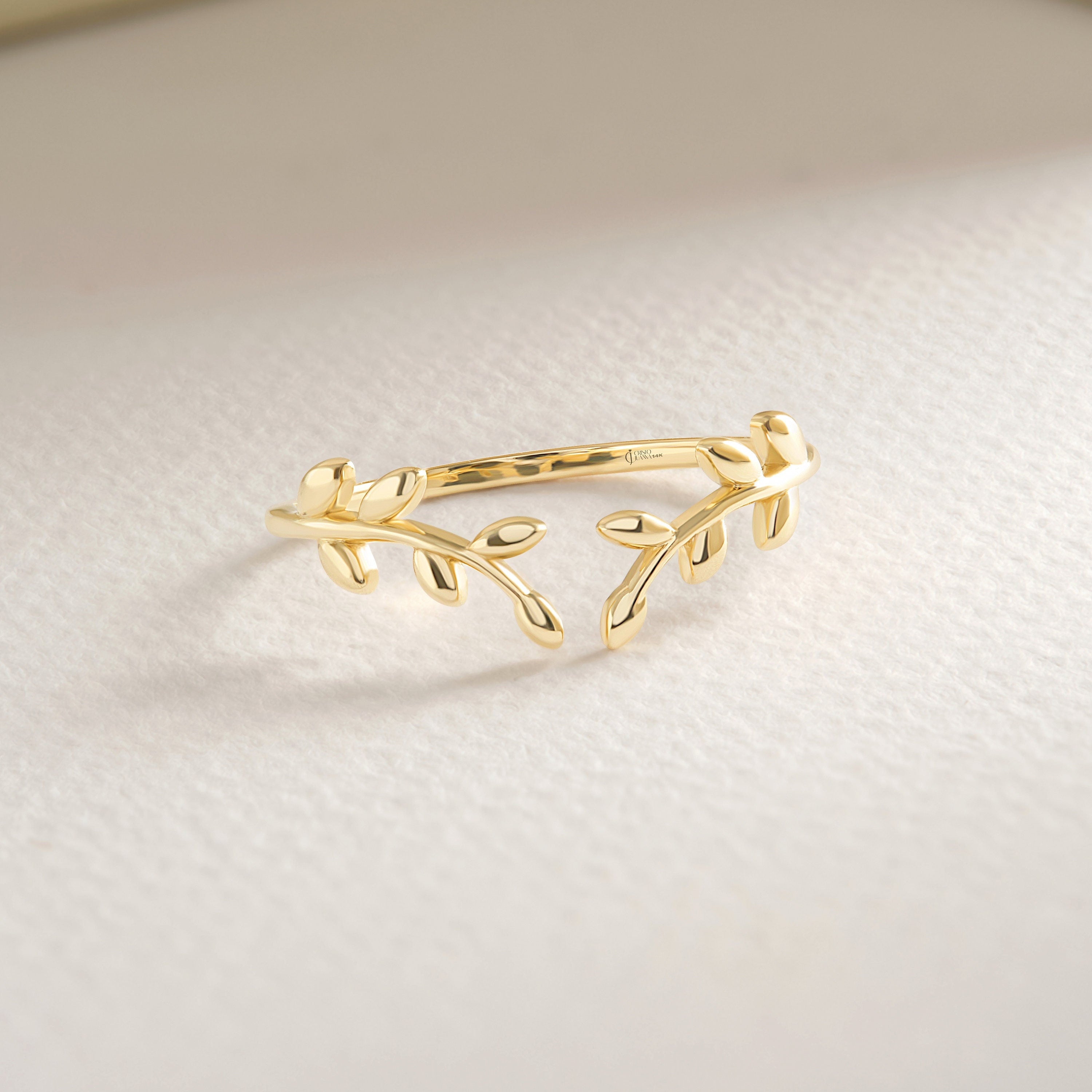 Twig Leaf Branch Open Stacking Ring, 10K 14K 18K Gold Tree Bark Stacked Band, Adjustable Ivy Ring Girlfriend, Wrapped Female Everyday Ring