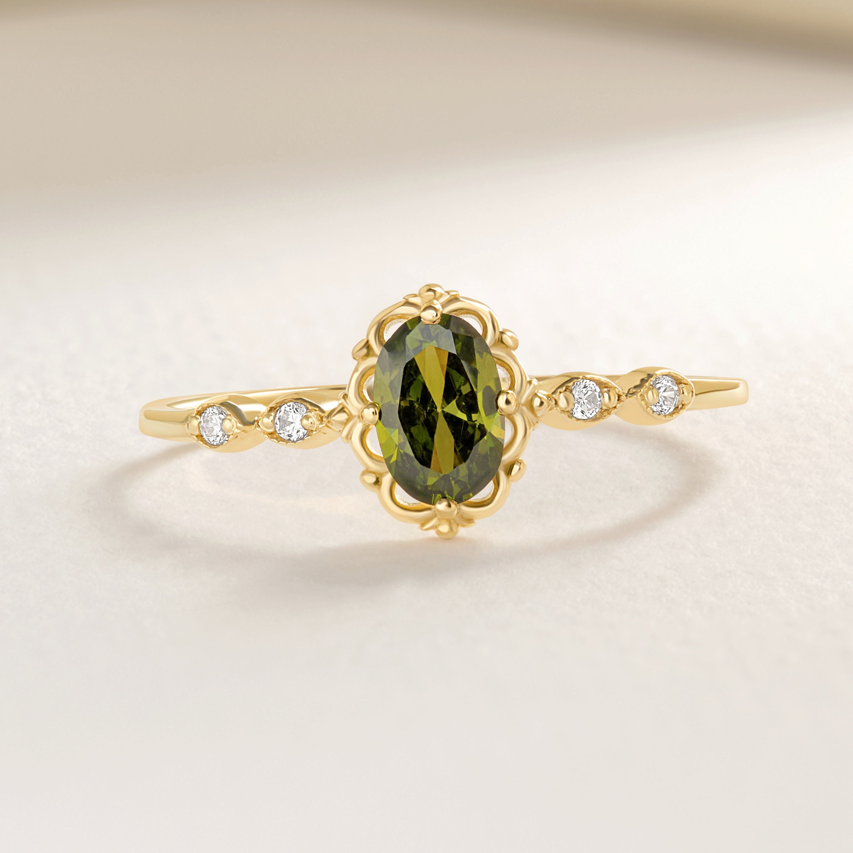 We combined 14K Gold Oval Peridot Engagement Ring with Small Diamond Solid Band and premium Moissanite Art Deco Birthstone Wedding Ring. Created Customizable stone ring and art deco ring women!