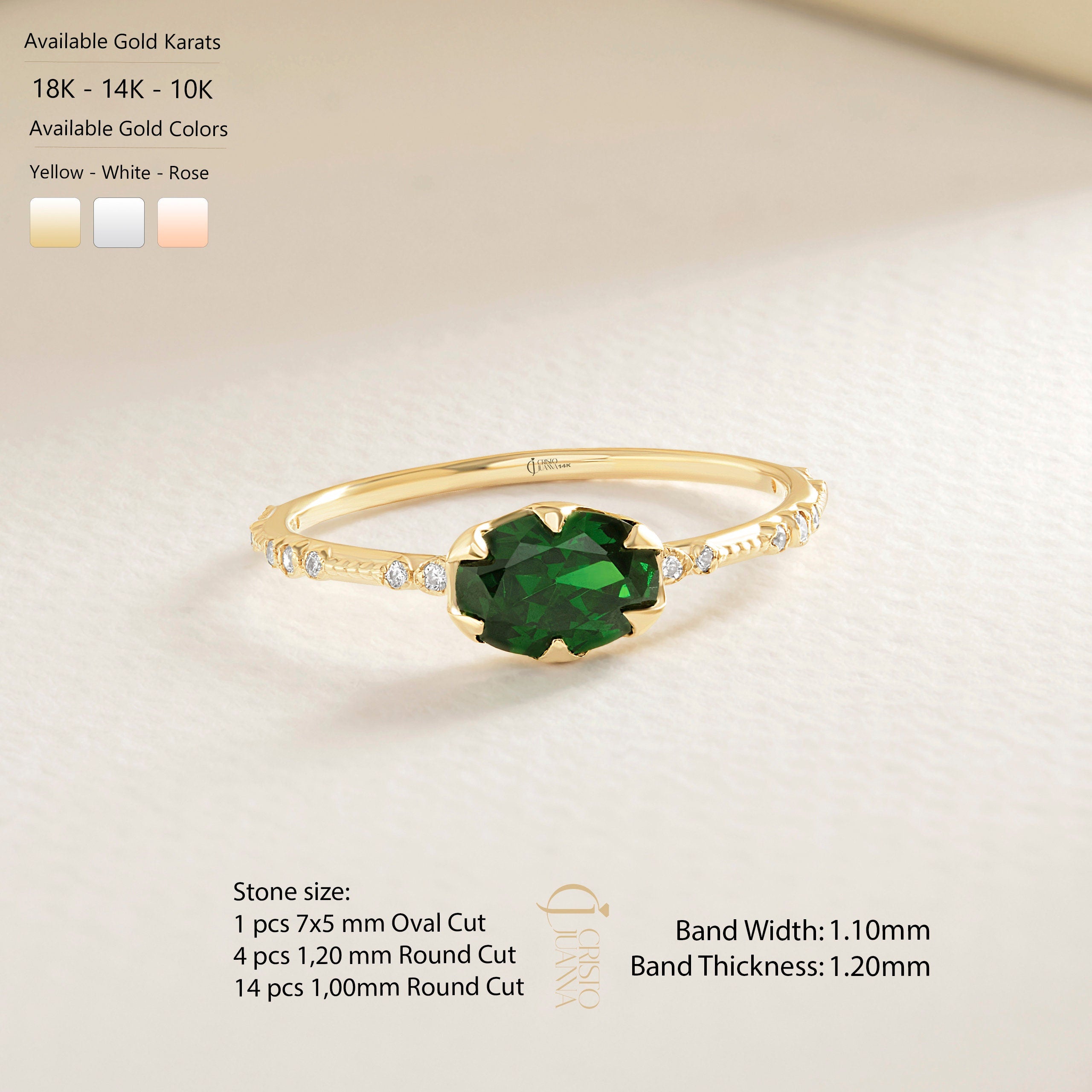Oval Emerald Engagement Ring – 14K Solid Gold Side Diamond Band 💚✨
A timeless design for the elegant soul — this Oval Emerald Engagement Ring captures sophistication and sentiment. Handcrafted in solid 14K gold, it features a radiant 7x5 mm oval-cut emerald framed by sparkling side diamonds or moissanites, creating a graceful harmony of color and brilliance.