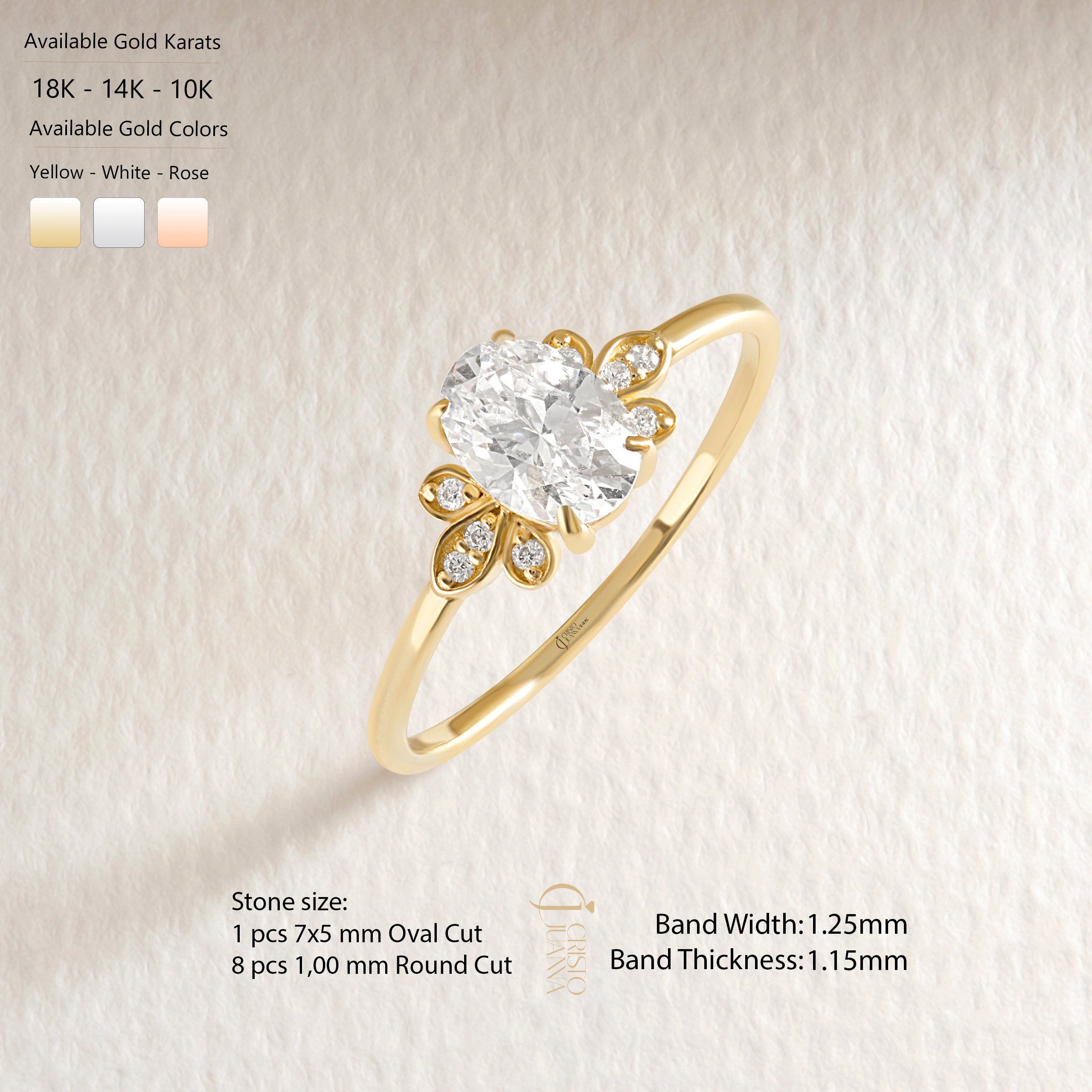 Oval Diamond 1ct Engagement Ring – 14K Solid Gold Band 💎✨
Timeless and radiant, this oval diamond engagement ring embodies elegance in its purest form. Featuring a 1 carat moissanite center stone with delicate side accents, it shines with sophistication and grace — perfect for modern romantics who love vintage-inspired details.