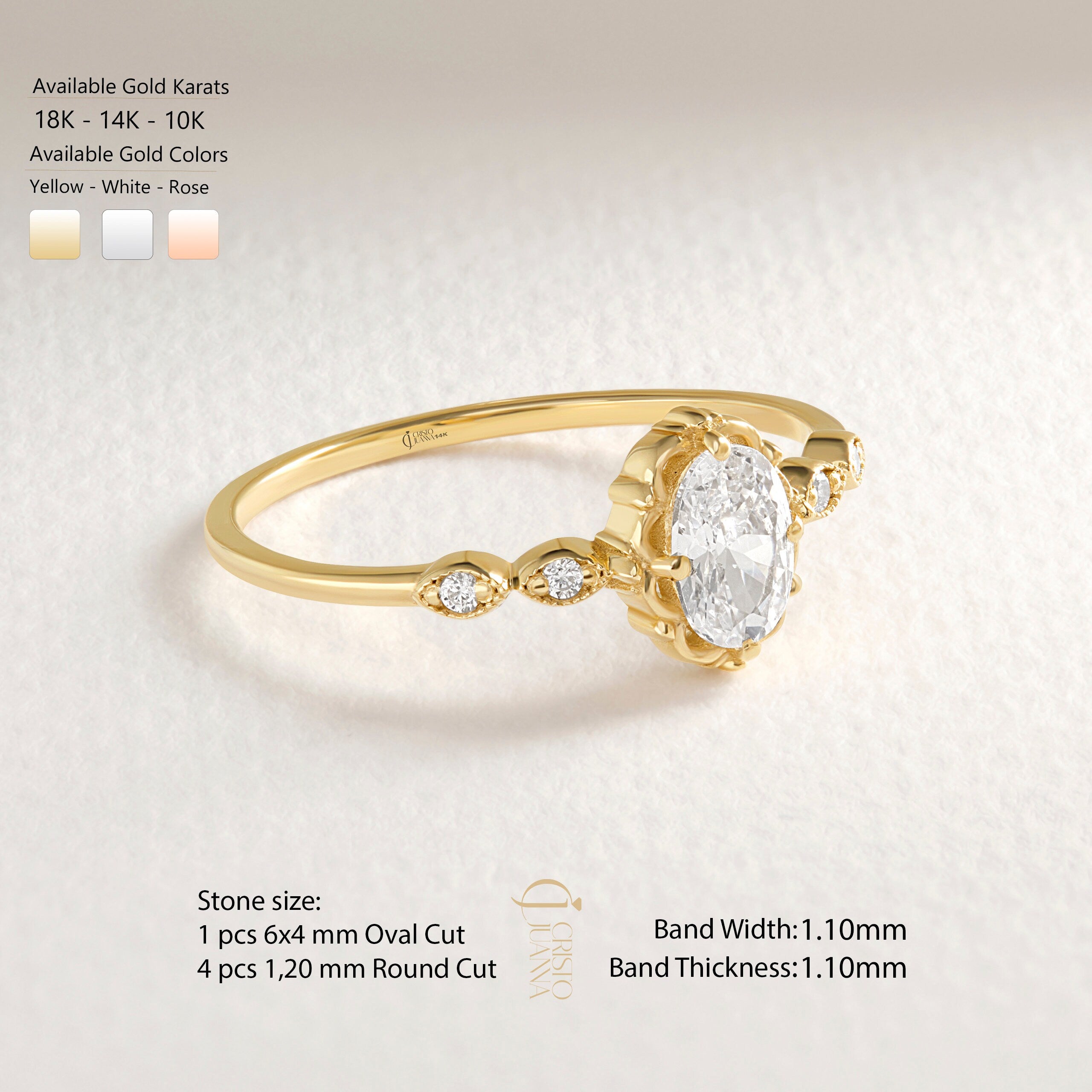 💍 Oval Diamond Engagement Ring — 14K Solid Gold Moissanite Wedding Band

This elegant oval engagement ring features a sparkling center stone paired with a delicate row of tiny accent gems. Its slim solid-gold band and refined silhouette make it perfect as a proposal ring, wedding band, promise ring, or everyday luxury piece. A timeless design for women who love delicate, feminine fine jewelry.
