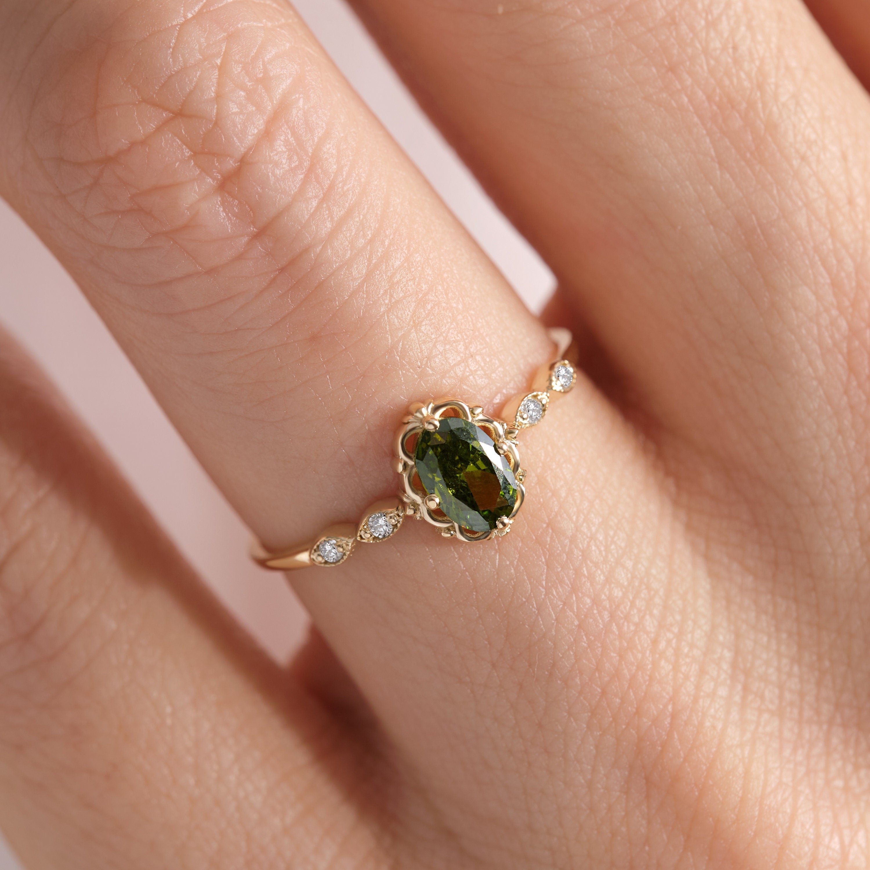 We combined 14K Gold Oval Peridot Engagement Ring with Small Diamond Solid Band and premium Moissanite Art Deco Birthstone Wedding Ring. Created Customizable stone ring and art deco ring women!