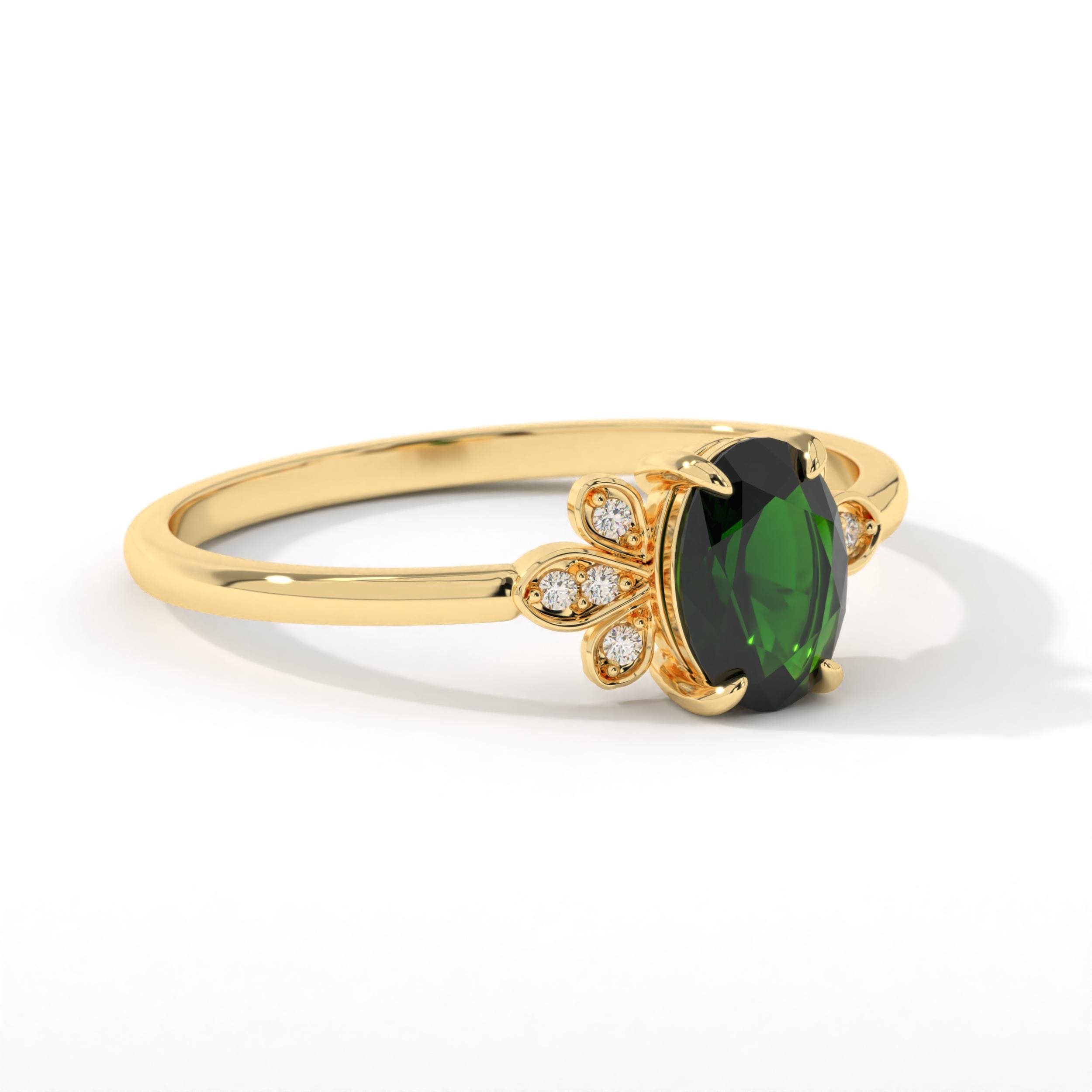 14K Gold Oval Emerald Engagement Ring with Thin Moissanite, 10K Gold Birthstone Wedding Ring with Tiny Diamond, 18K Gold Green Gemstone Ring
