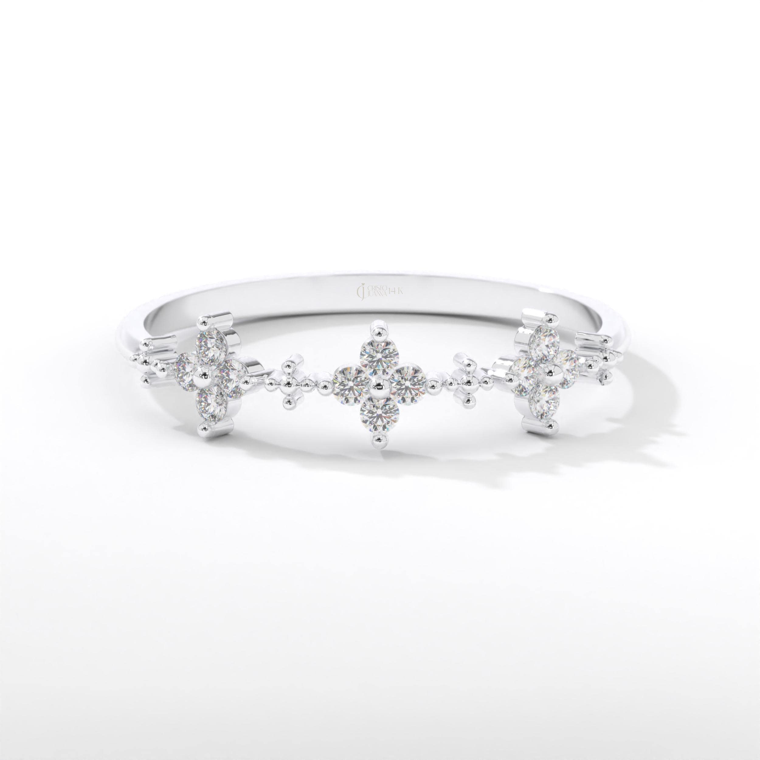 🌸 Diamond Clover Wedding Ring – 14K Solid Gold 🌸

Elegant and meaningful, the Diamond Clover Wedding Ring brings a touch of minimalist sparkle and natural symbolism to your hand. Set with dazzling moissanite stones, this delicate band is perfect for wearing alone or stacking with other rings for everyday elegance or special occasions.
