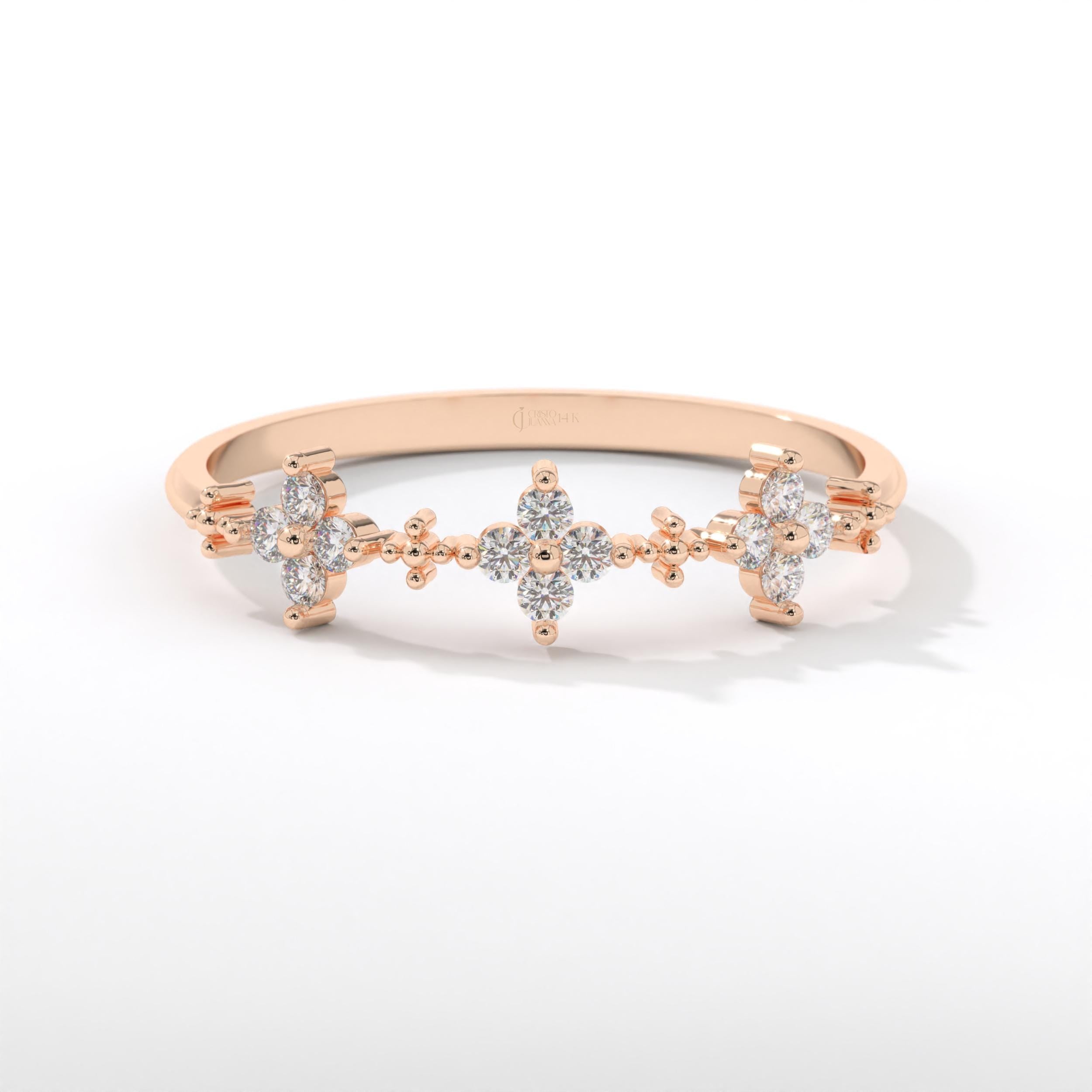 🌸 Diamond Clover Wedding Ring – 14K Solid Gold 🌸

Elegant and meaningful, the Diamond Clover Wedding Ring brings a touch of minimalist sparkle and natural symbolism to your hand. Set with dazzling moissanite stones, this delicate band is perfect for wearing alone or stacking with other rings for everyday elegance or special occasions.