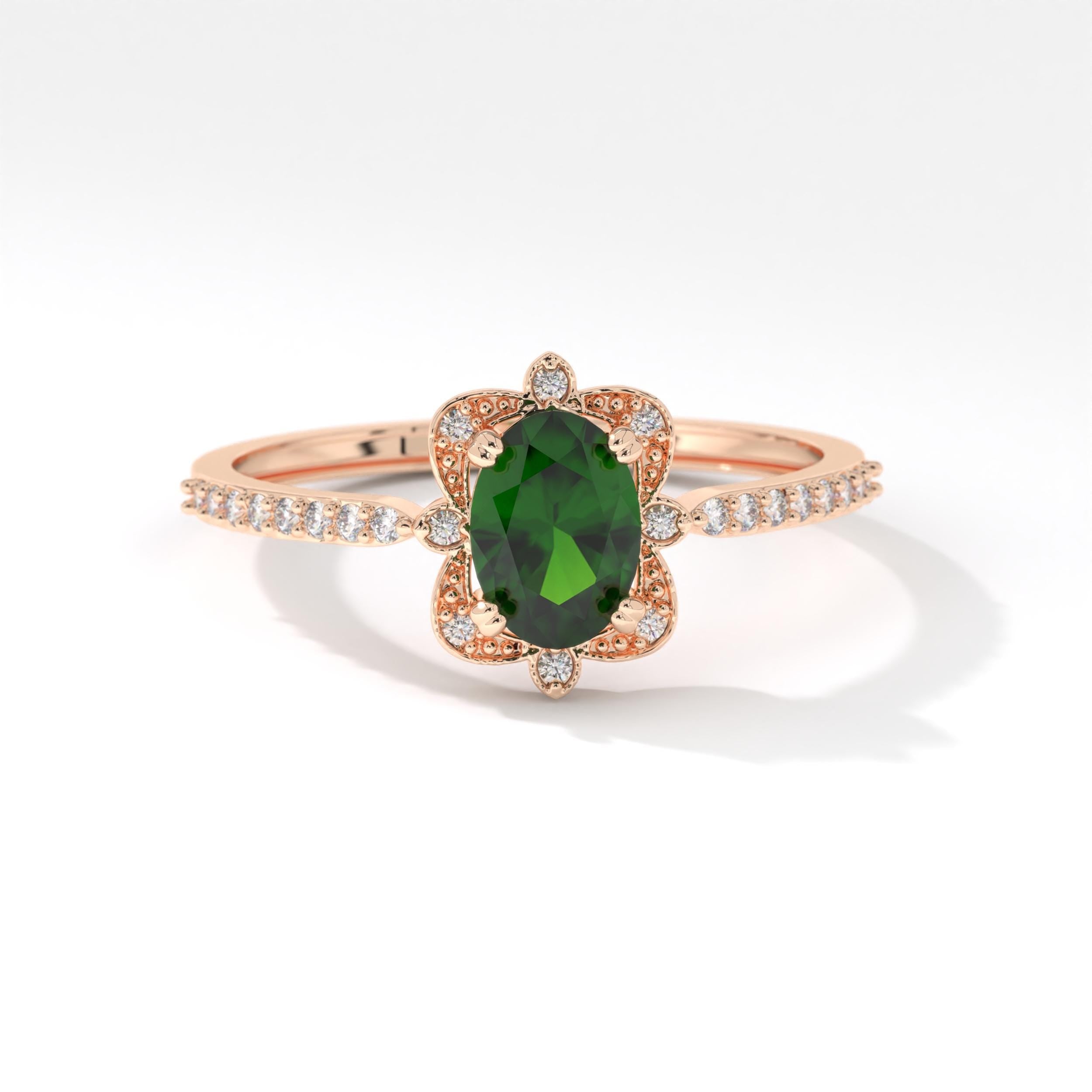 Oval Emerald Engagement Ring – 10K / 14K / 18K Solid Gold 💚✨
A stunning oval-cut emerald set on a slim art deco-inspired band, accented with sparkling round diamonds. Perfect as a birthstone, engagement, or wedding ring, this elegant design can also be customized with Diamond or Moissanite side stones upon request.