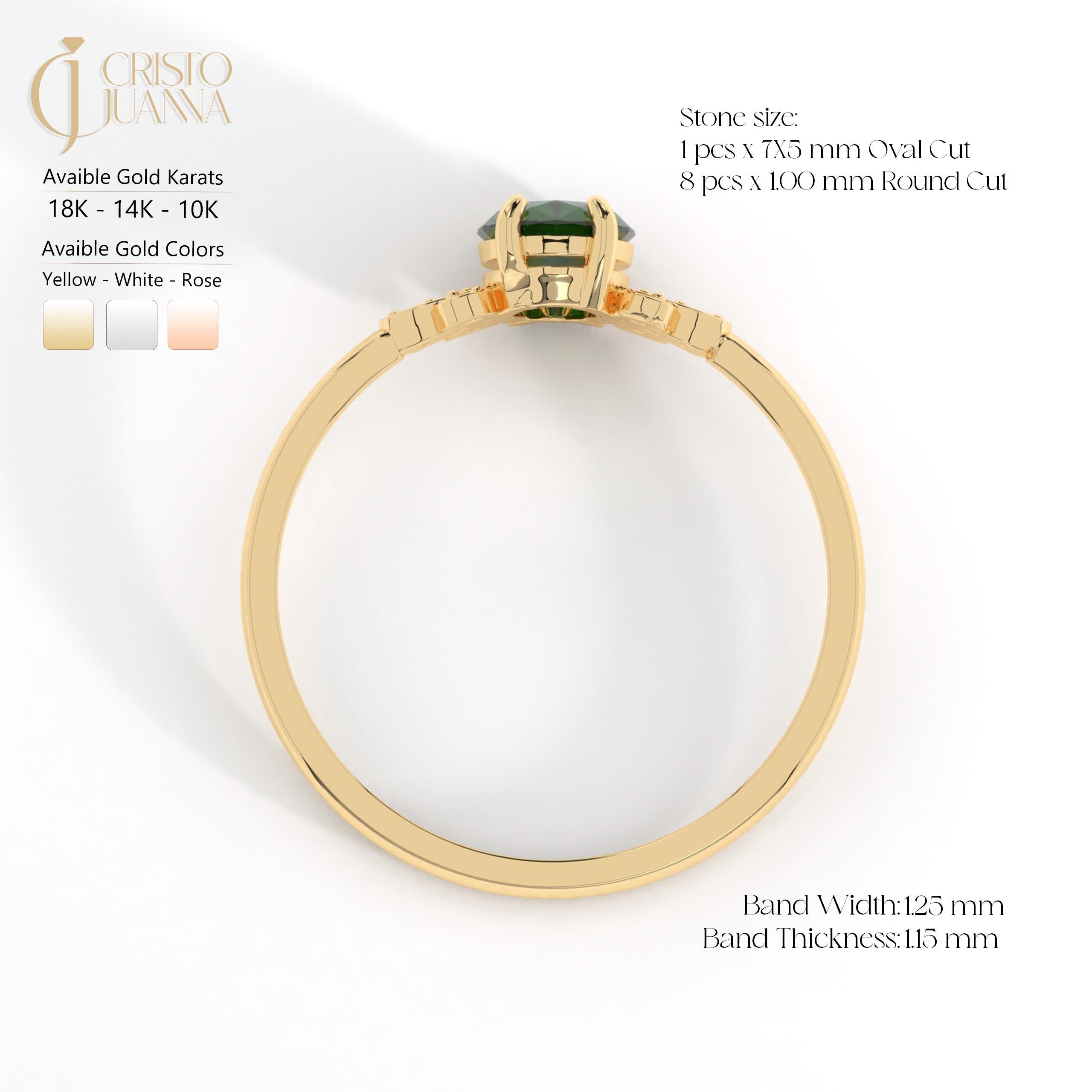 14K gold ring infographic featuring a 7x5 mm oval-cut center stone and 8 round-cut 1.00 mm stones. Available in 18K, 14K, and 10K gold options with yellow, white, and rose gold variations. Band width: 1.25 mm, band thickness: 1.15 mm.