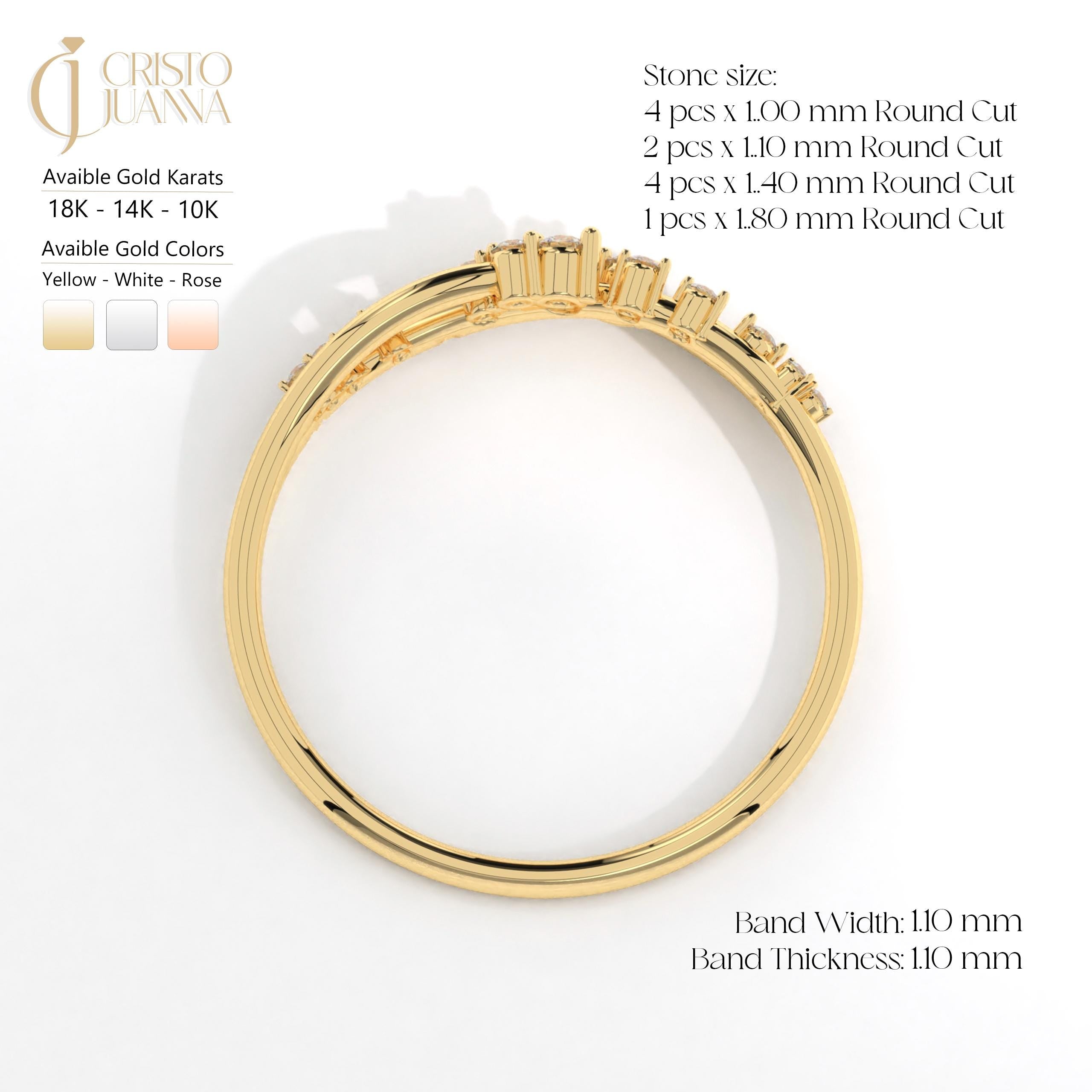 14K gold ring infographic featuring a mix of round-cut stones: 4x 1.00 mm, 2x 1.10 mm, 4x 1.40 mm, and 1x 1.80 mm. Available in yellow, white, and rose gold with options for 18K, 14K, or 10K. Band width: 1.10 mm, band thickness: 1.10 mm.