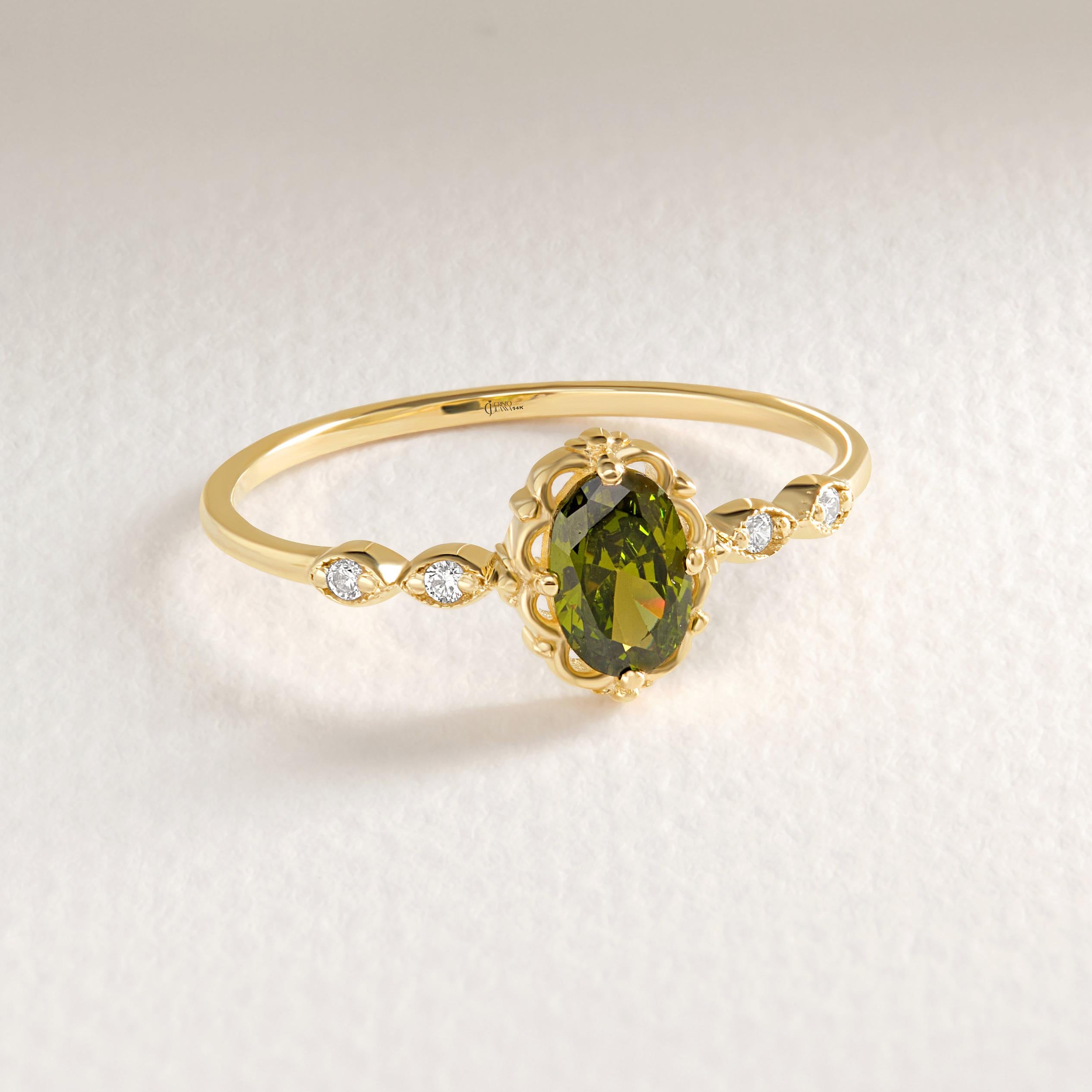 We combined 14K Gold Oval Peridot Engagement Ring with Small Diamond Solid Band and premium Moissanite Art Deco Birthstone Wedding Ring. Created Customizable stone ring and art deco ring women!