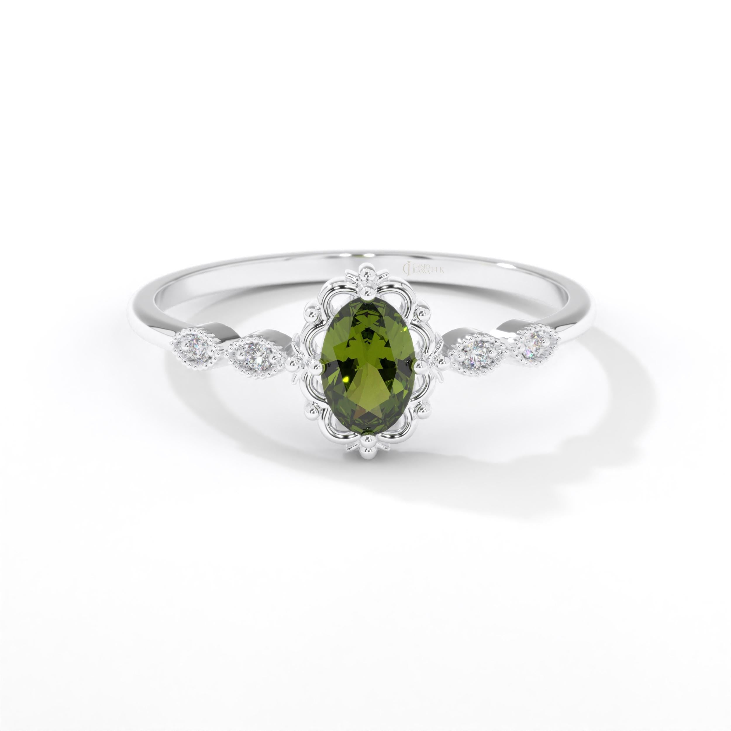 We combined 14K Gold Oval Peridot Engagement Ring with Small Diamond Solid Band and premium Moissanite Art Deco Birthstone Wedding Ring. Created Customizable stone ring and art deco ring women!