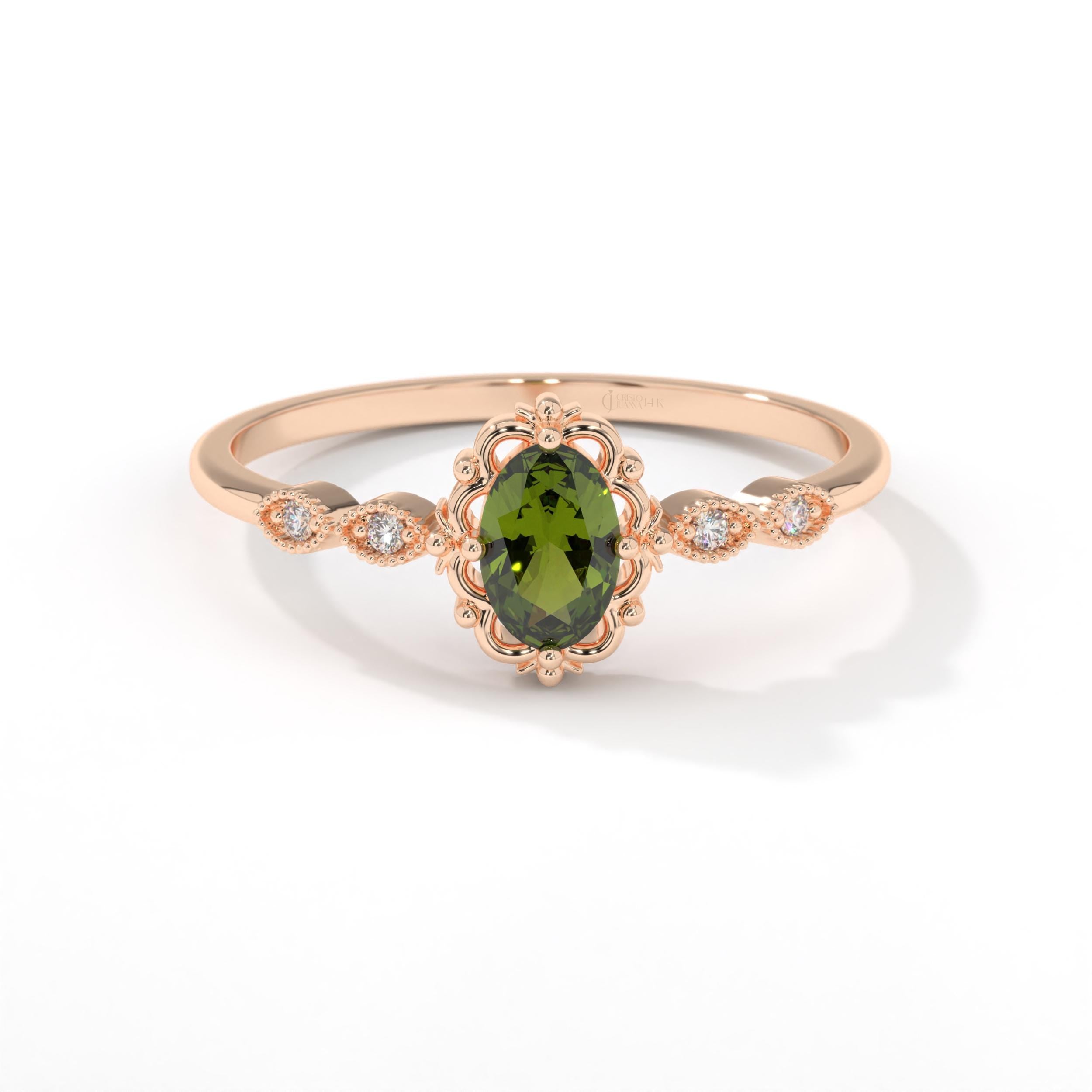 We combined 14K Gold Oval Peridot Engagement Ring with Small Diamond Solid Band and premium Moissanite Art Deco Birthstone Wedding Ring. Created Customizable stone ring and art deco ring women!