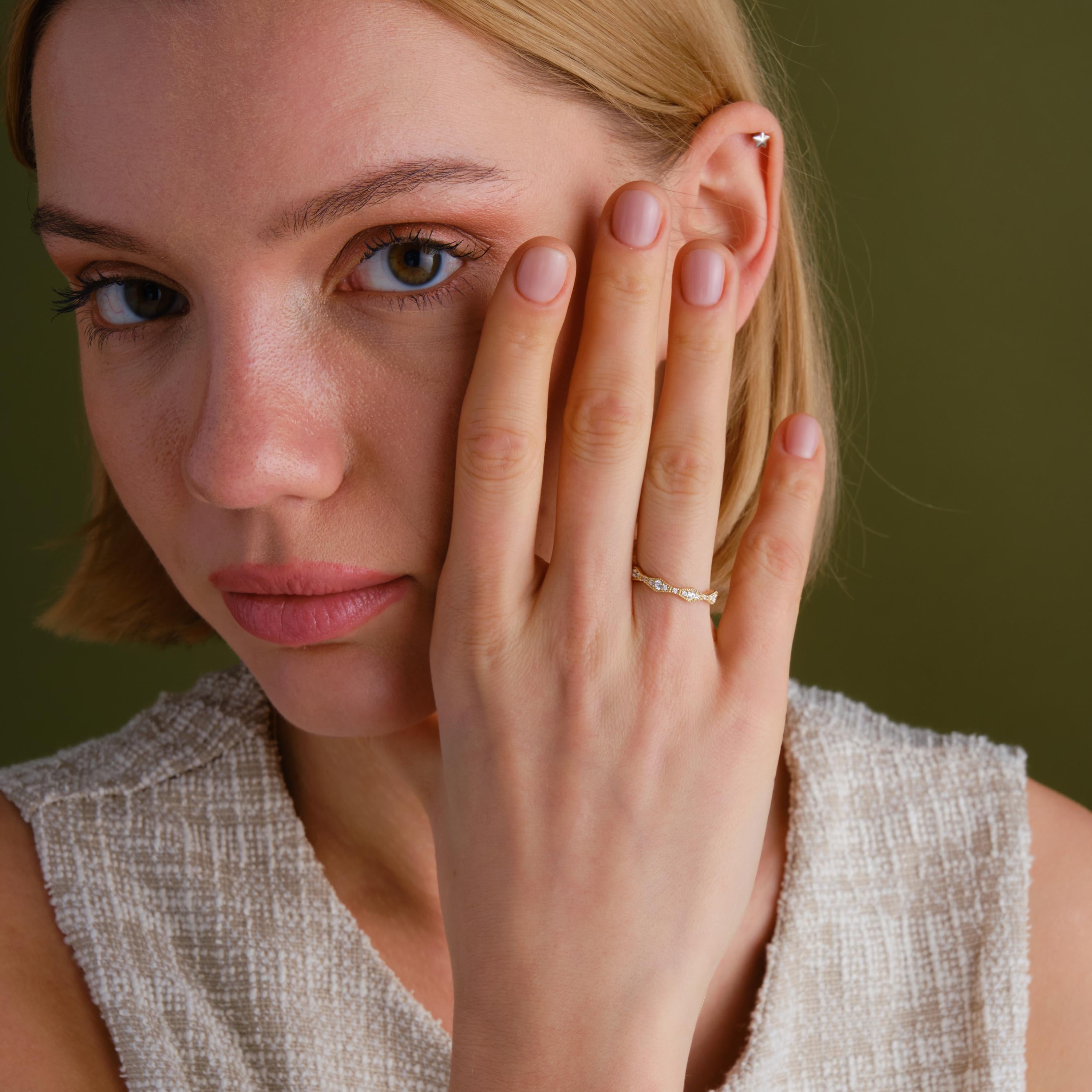 Petite Diamond Wedding Ring – 14K Solid Yellow Gold ✨💍
A dainty and timeless piece for your special day — this Petite Diamond Wedding Ring shines with elegance and simplicity. Its wavy half eternity design and delicate sparkle make it perfect for everyday wear or as a stacking band. Ideal for brides who love understated luxury 💫