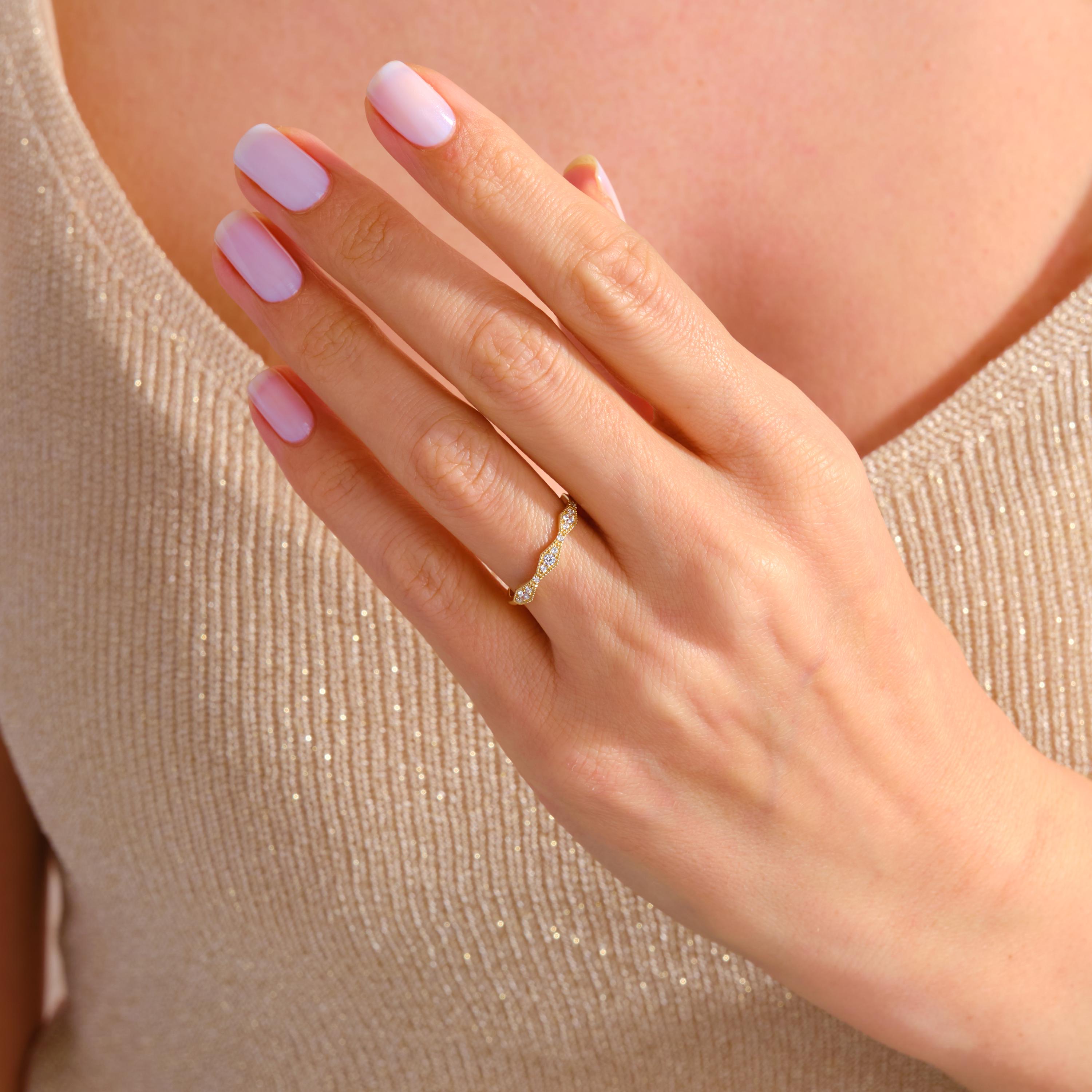 Petite Diamond Wedding Ring – 14K Solid Yellow Gold ✨💍
A dainty and timeless piece for your special day — this Petite Diamond Wedding Ring shines with elegance and simplicity. Its wavy half eternity design and delicate sparkle make it perfect for everyday wear or as a stacking band. Ideal for brides who love understated luxury 💫