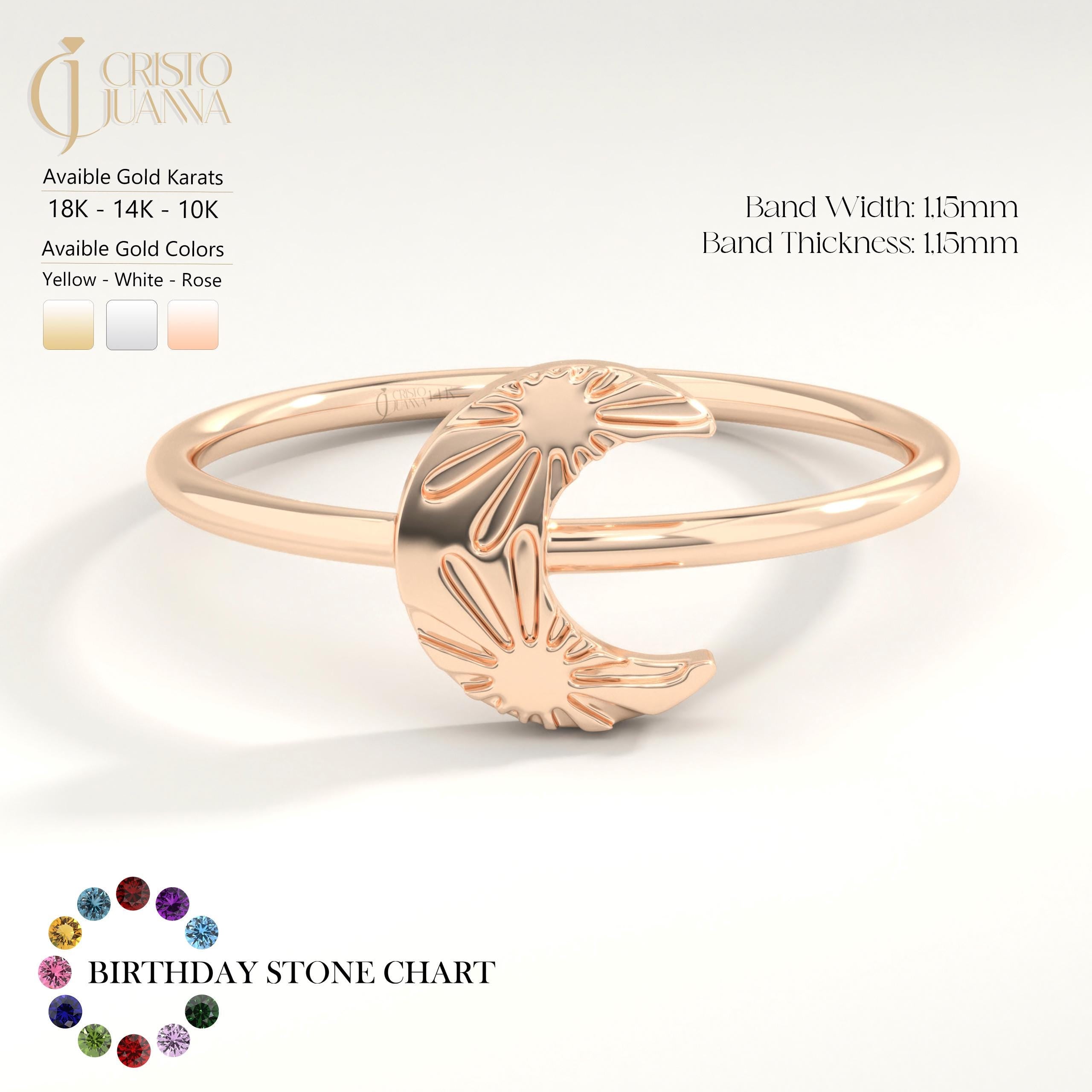 Crescent Moon Ring – 14K Solid Gold 🌙☀️
This delicate crescent moon ring features a moon and sun texture design, symbolizing balance, harmony, and the connection between day and night. Its minimalist style makes it perfect for everyday wear, stacking with other rings, or gifting to someone special who loves celestial jewelry.

The slim gold band is comfortable, timeless, and available in yellow, white, or rose gold — making it a versatile piece for any jewelry collection.