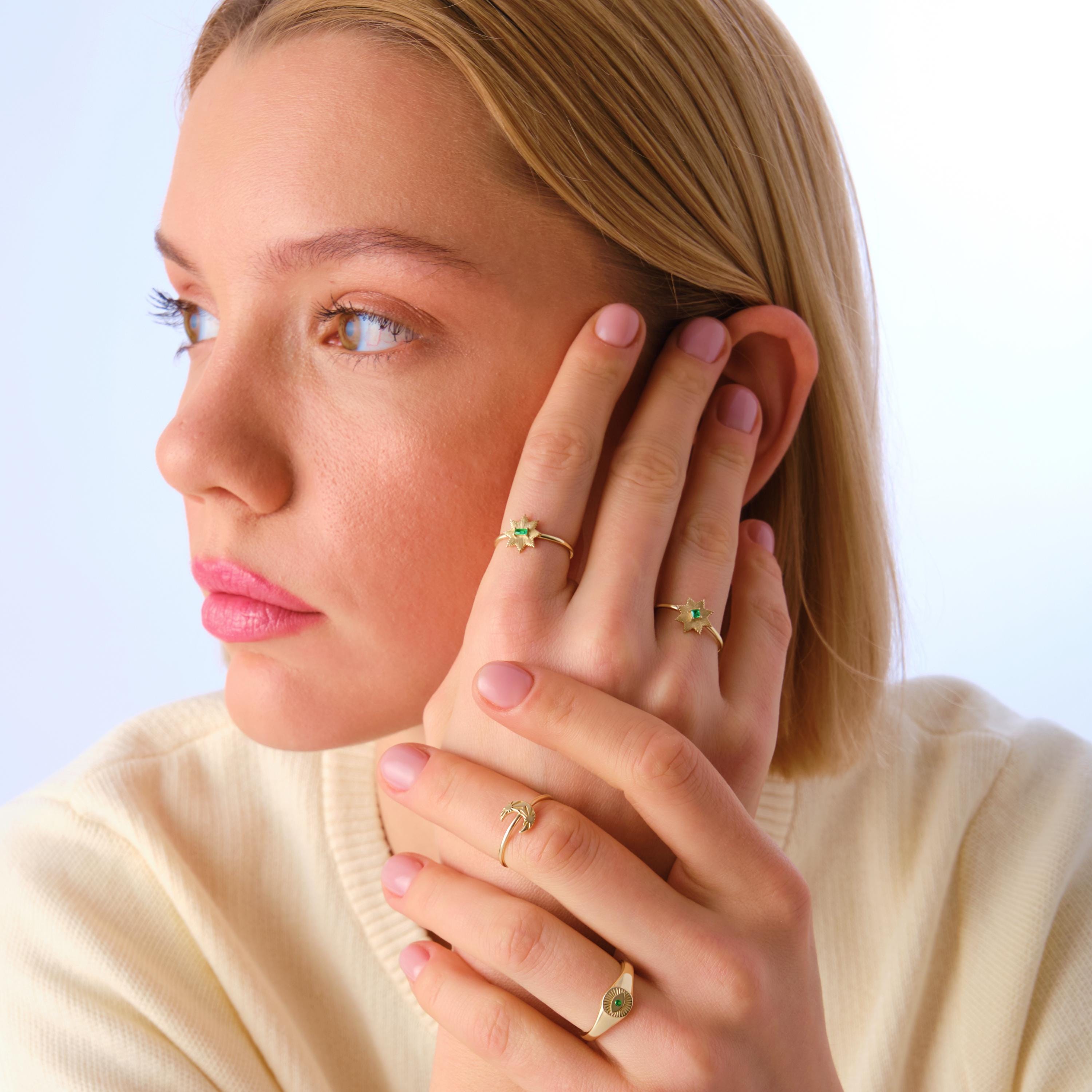Crescent Moon Ring – 14K Solid Gold 🌙☀️
This delicate crescent moon ring features a moon and sun texture design, symbolizing balance, harmony, and the connection between day and night. Its minimalist style makes it perfect for everyday wear, stacking with other rings, or gifting to someone special who loves celestial jewelry.

The slim gold band is comfortable, timeless, and available in yellow, white, or rose gold — making it a versatile piece for any jewelry collection.