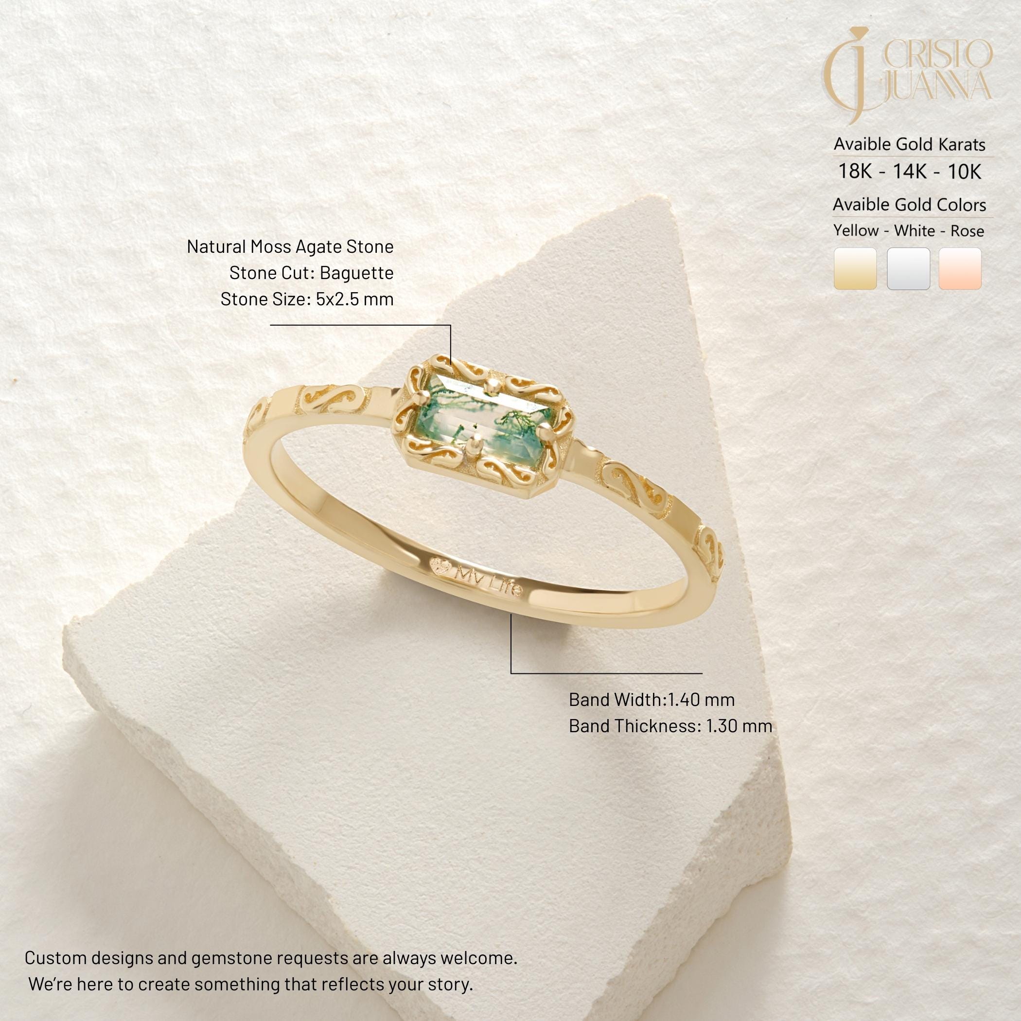 Natural Baguette Moss Agate Engagement Ring – 10K / 14K / 18K Solid Gold 🌿💎
A unique engagement ring featuring a baguette-cut moss agate set on a textured gold band. Its natural green patterns make every stone one of a kind, perfect for women who love artisan and dainty jewelry.
