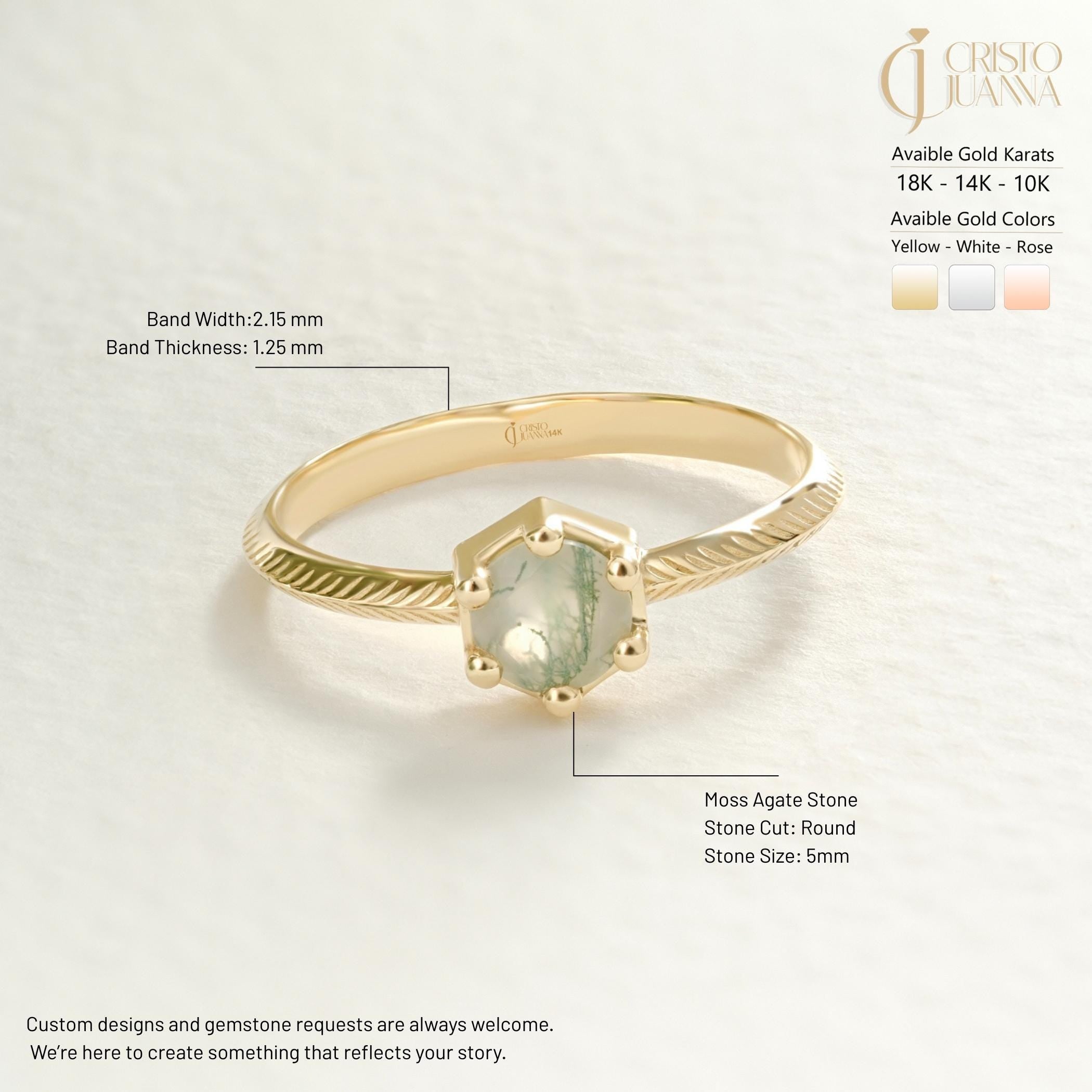 Natural Moss Agate Wedding Ring – 10K / 14K / 18K Solid Gold 🍃💎
A genuine moss agate engagement ring inspired by raw nature’s beauty. The unique green patterns of the 5 mm moss agate stone make each piece truly one-of-a-kind. Perfect for women who love earthy elegance and natural gemstones.