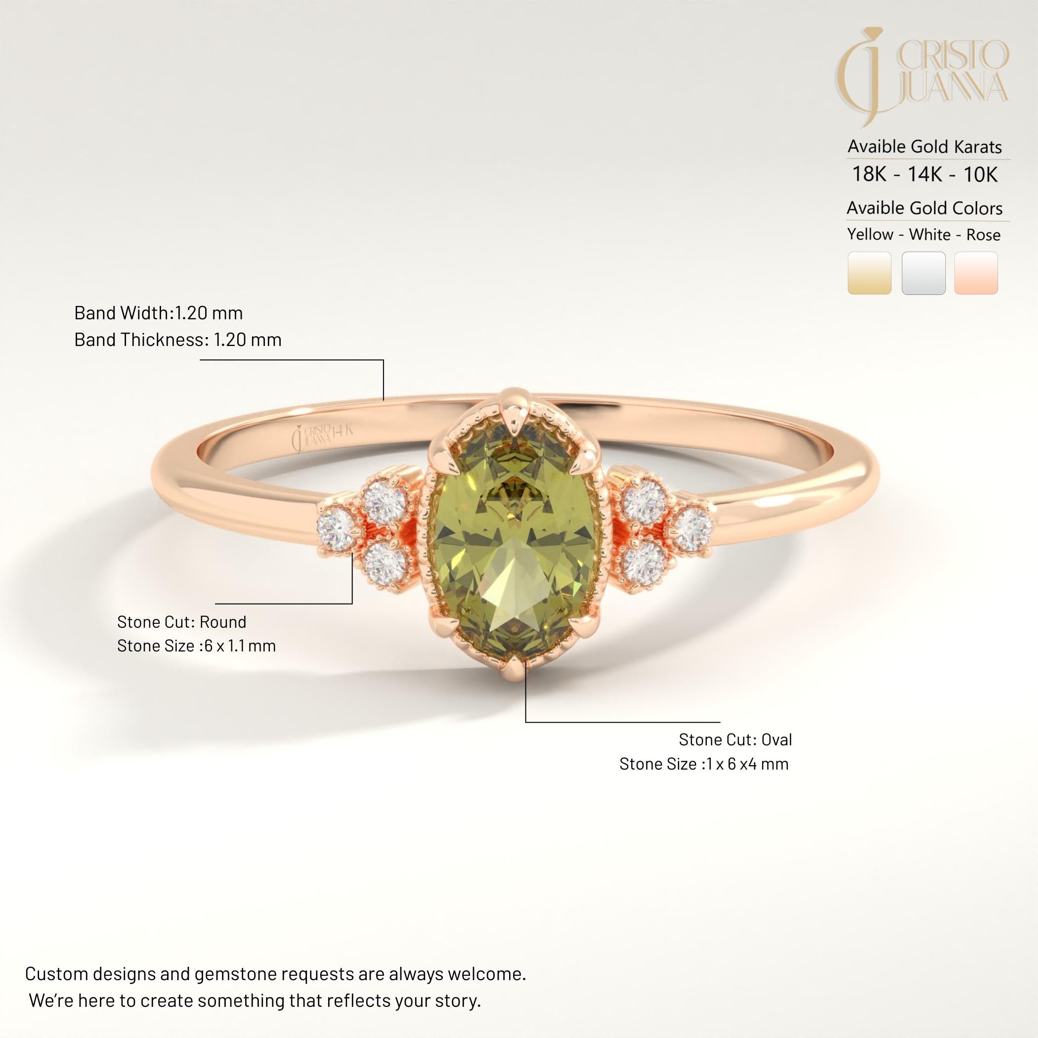 Natural Peridot Engagement Ring – 10K / 14K / 18K Solid Gold ✨💚
Celebrate love with this genuine oval-cut peridot ring, beautifully accented with sparkling side diamonds. Its fresh green glow makes it a unique engagement or wedding ring, perfect for women who adore natural beauty with a vintage touch.