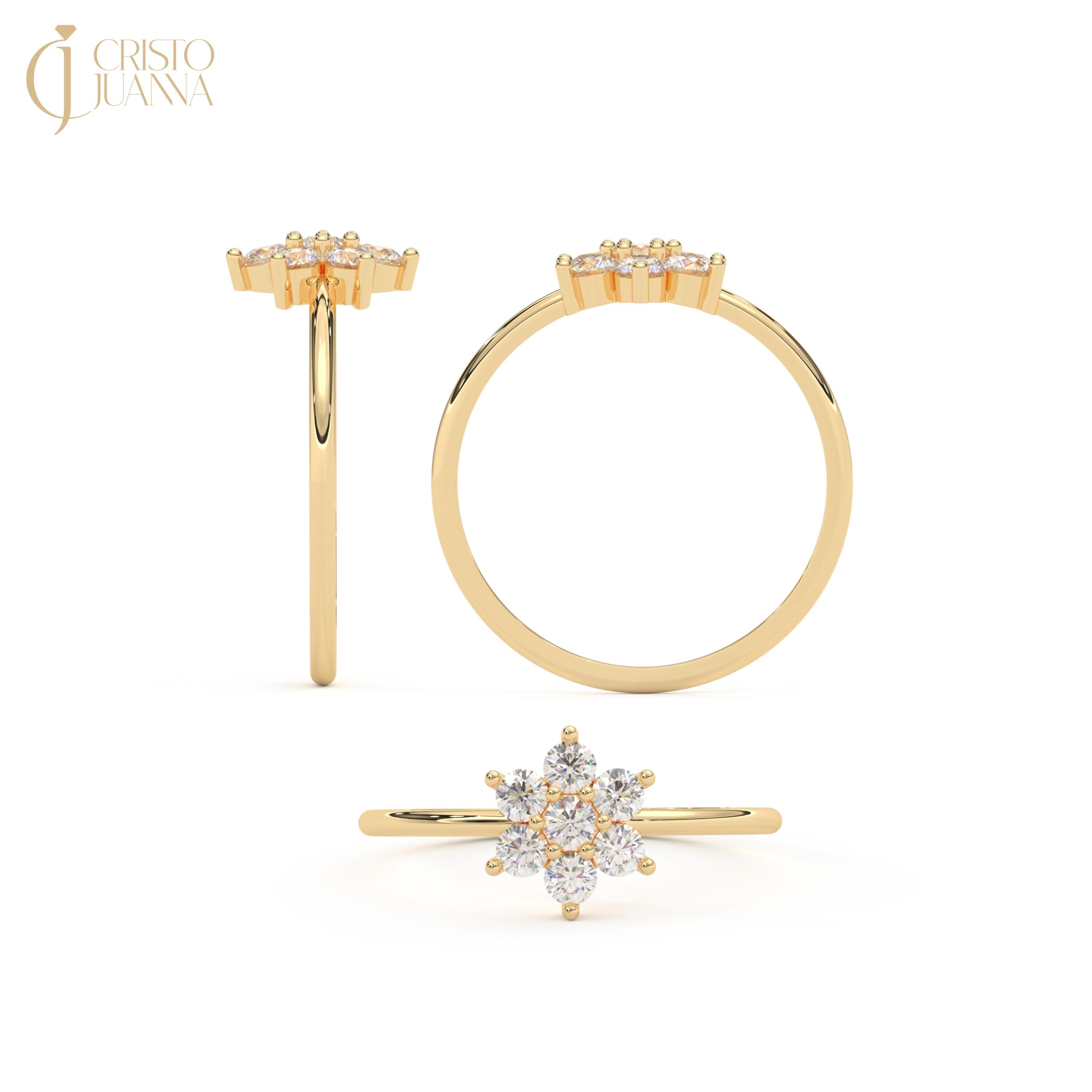 Daisy Diamond Engagement Ring 14K Solid Gold, Floral Flower Diamond Wedding Ring, Snowflake Winter Ring Women Nature Inspired Gift