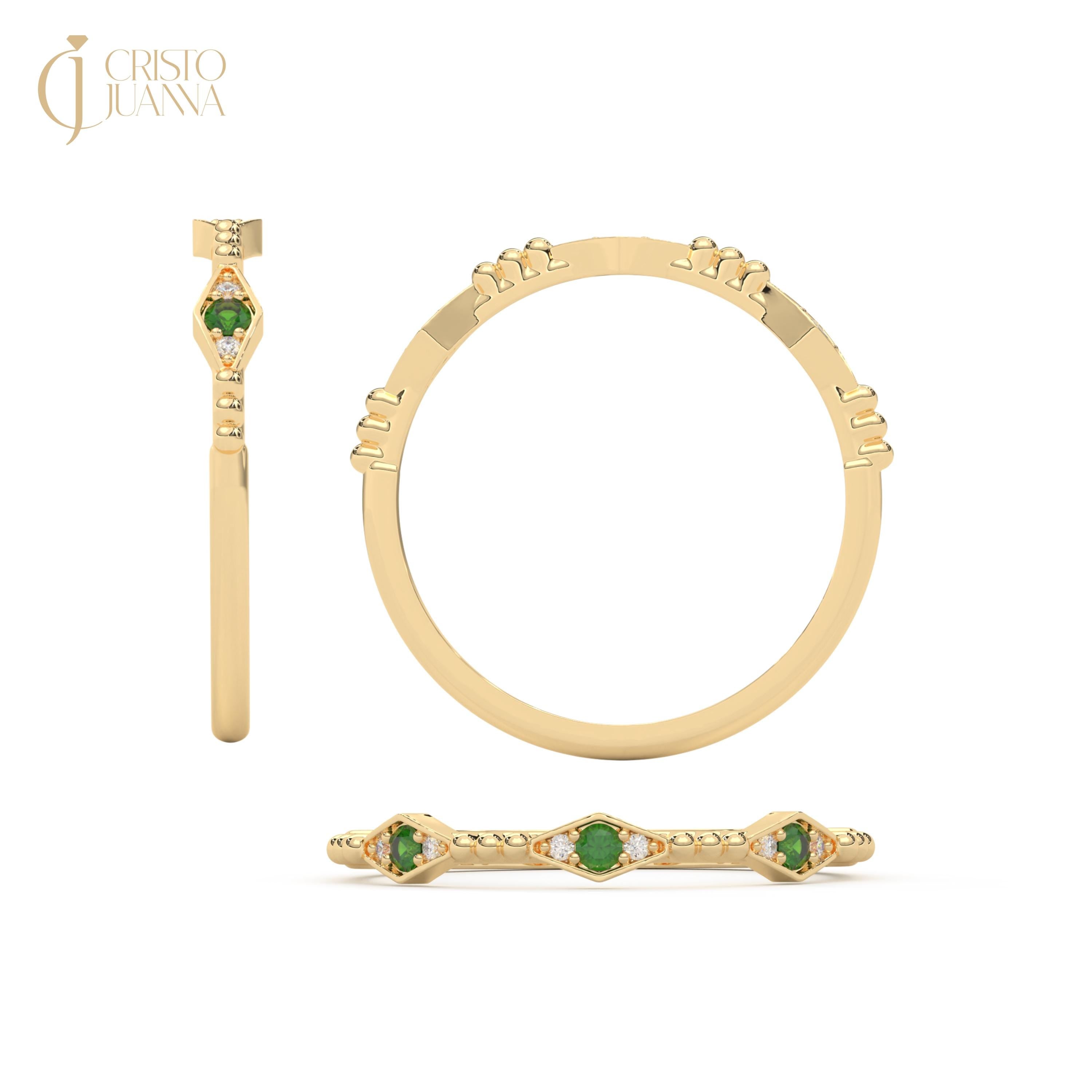 Dainty Emerald Stacking Ring with Side Diamond Band, Green Gemstone Band Small Birthstone Ring
