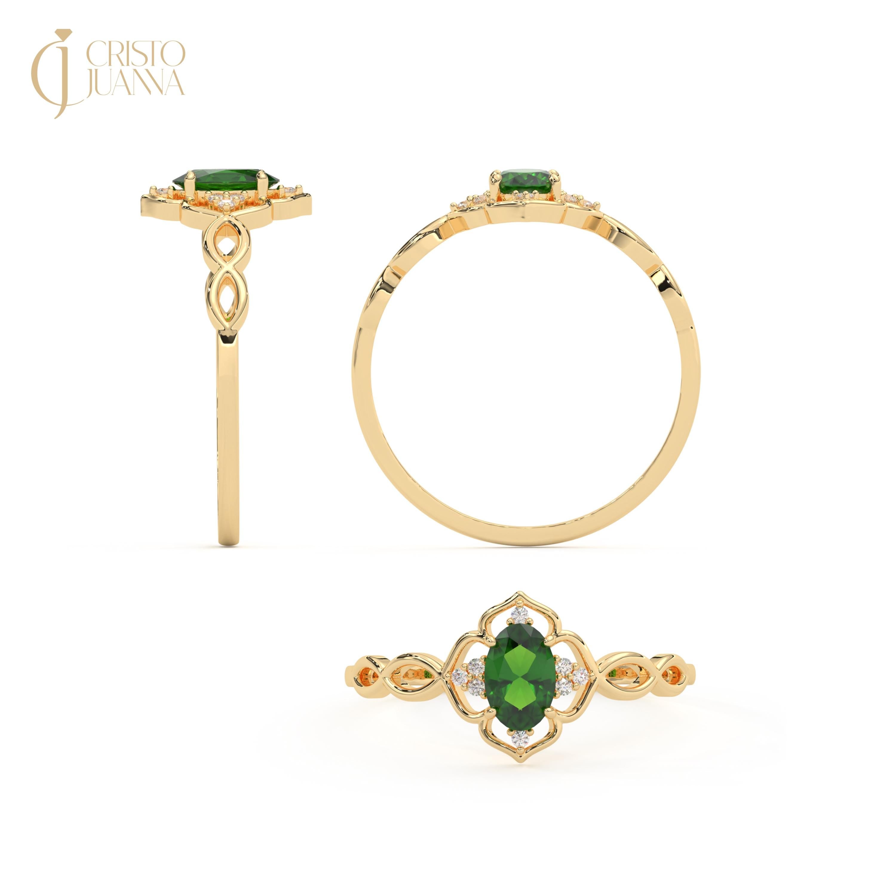 Oval Emerald Engagement Ring 14K Solid Gold Lace Infinity Band Wedding Ring Side Diamond Vintage Style Split Shank Birthstone Ring