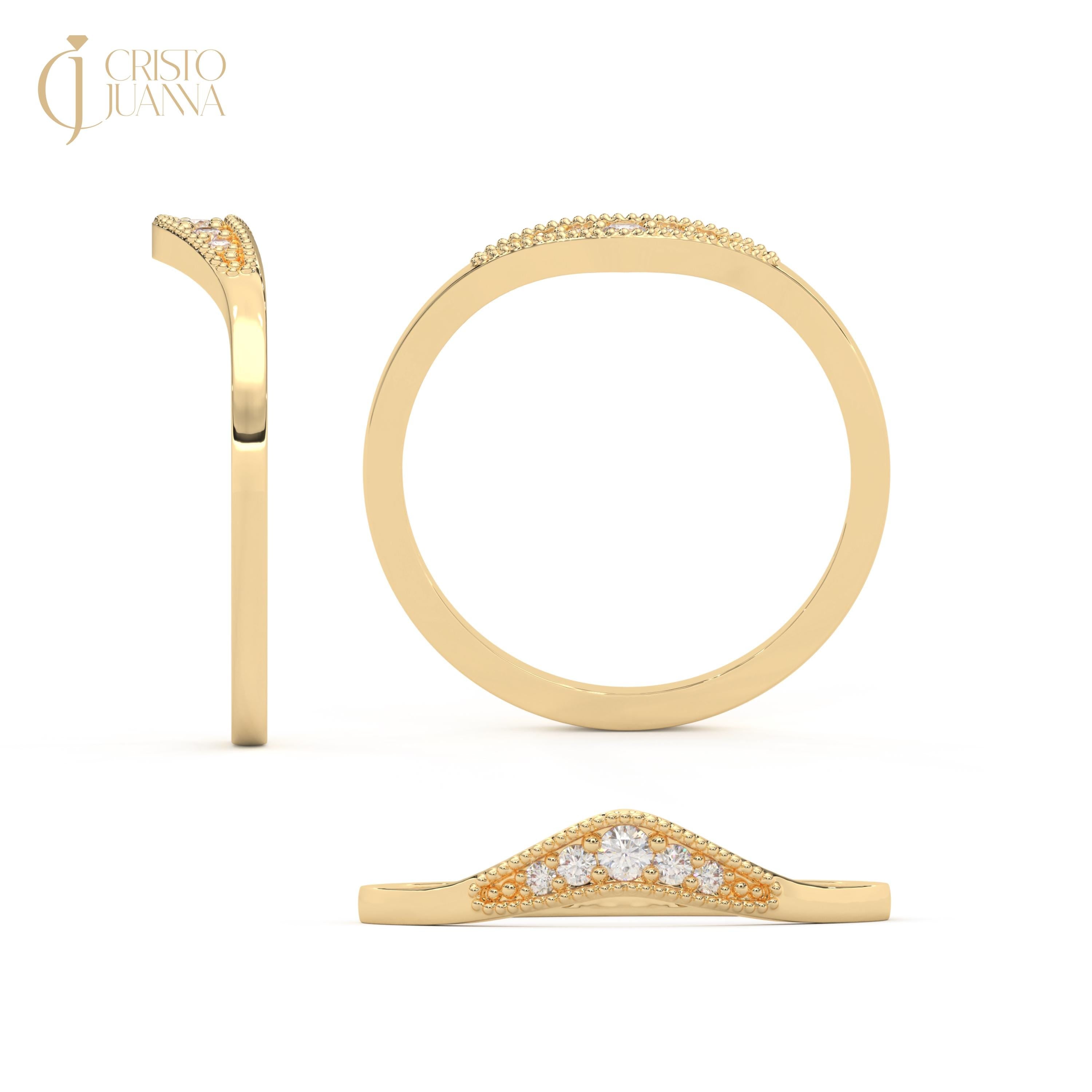 14K Solid Gold Pave Diamond Chevron Ring, V Shape Curved Wedding Band, Wishbone Engagement Match Ring for Women