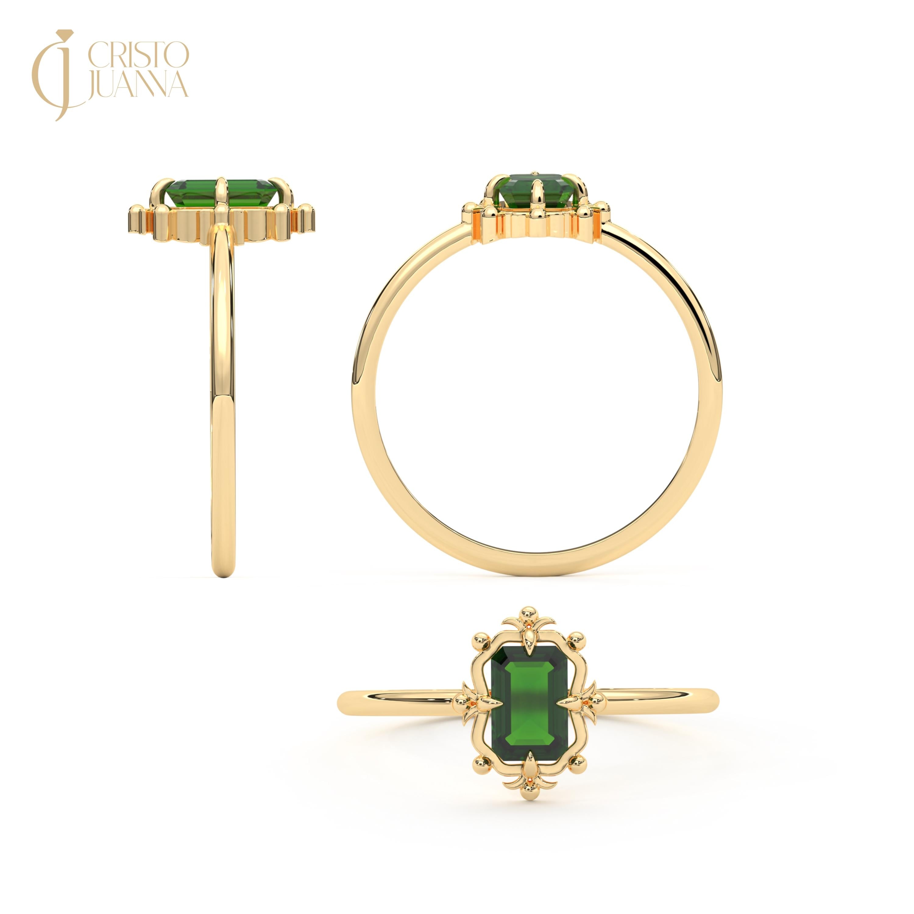 Emerald Cut Emerald Engagement Ring: 14K Solid Gold Rectangle Birthstone Art Deco Wedding Ring
