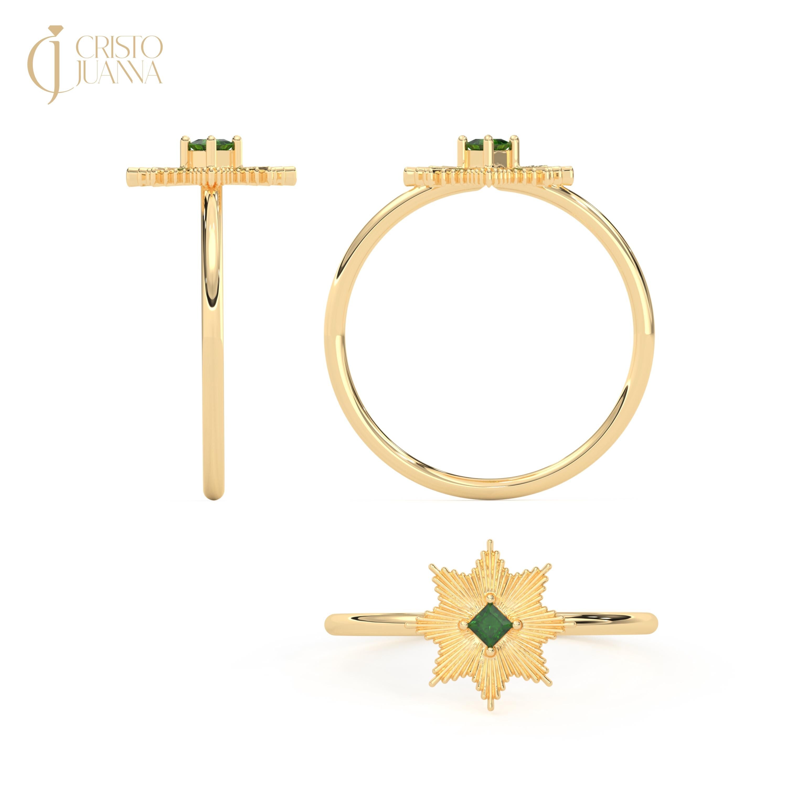 Art Deco North Star Ring – 14K Gold Medallion Inspired Emerald, Vintage Celestial Jewelry with Radiant Starburst Texture