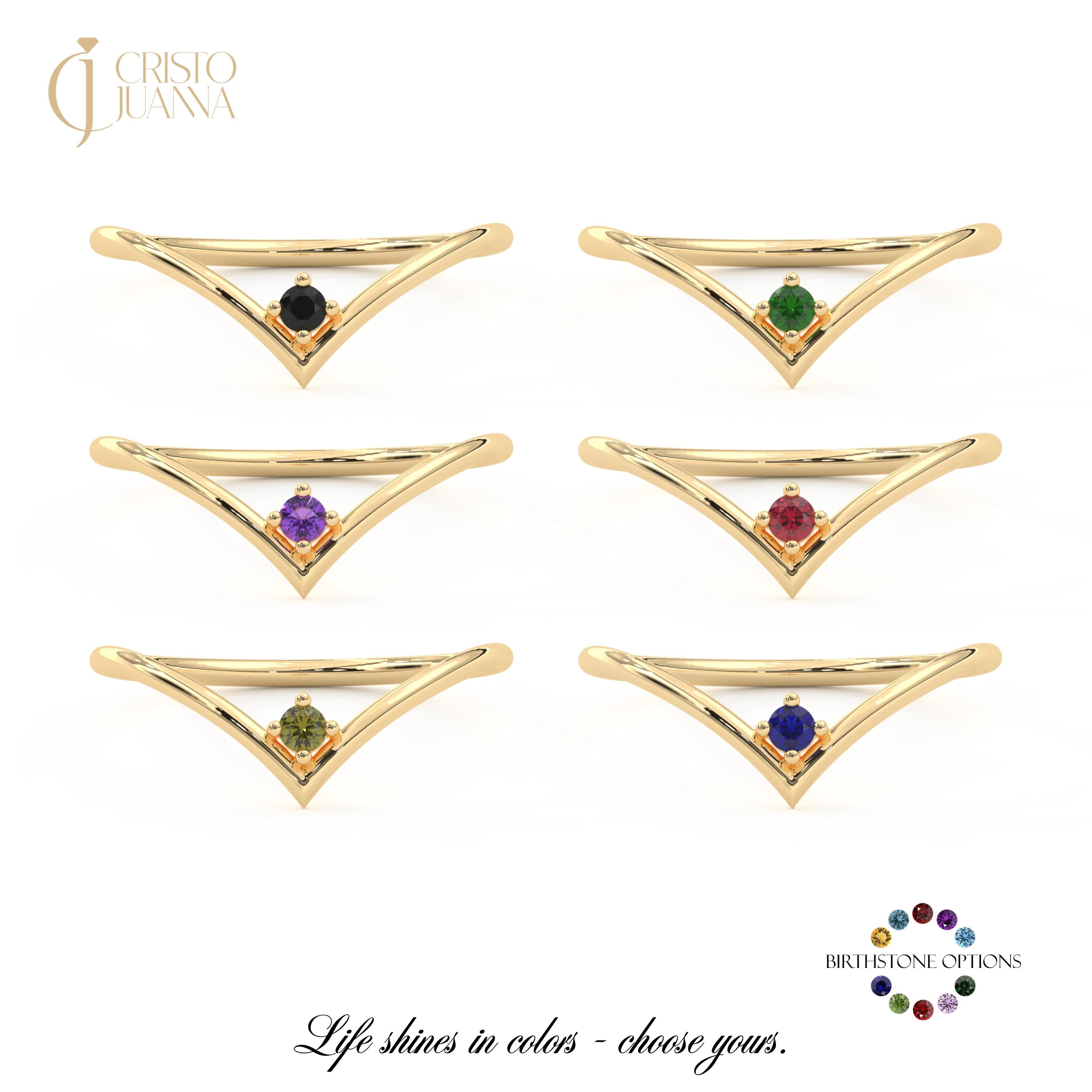 Wishbone Chevron V Ring – Solid Gold Round Solitaire, Stacking Guard Band, Engagement/Wedding Enhancer, Dainty Stackable Jewelry