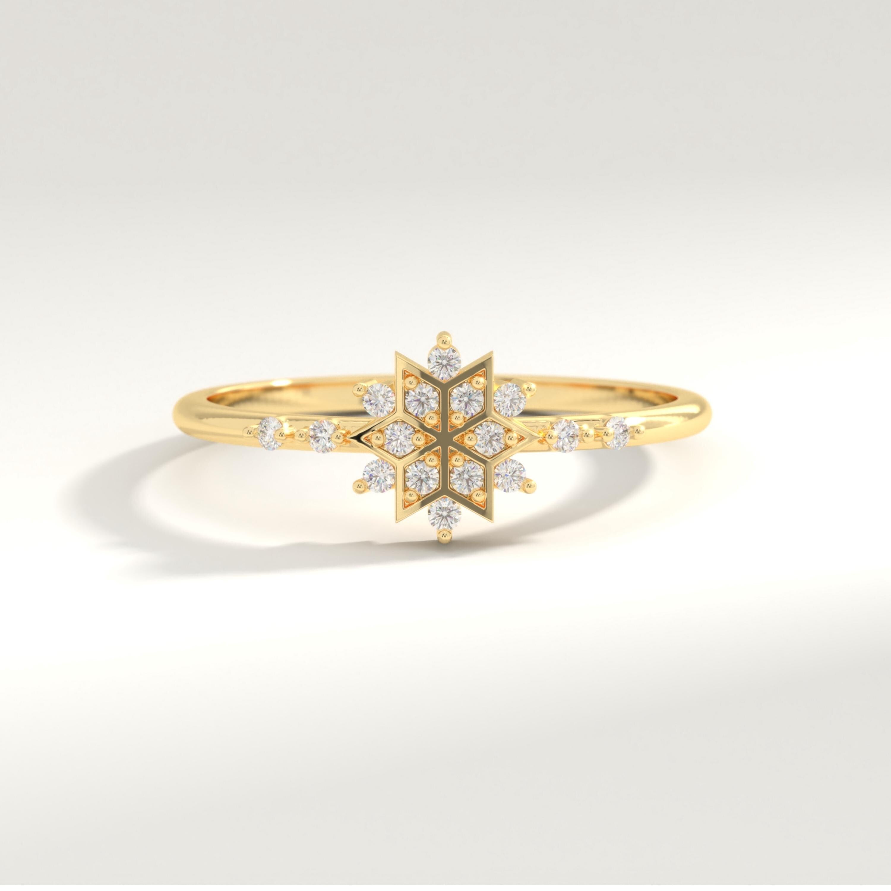 Snowflake Moissanite Wedding Ring: 14K Solid Gold Vintage Style Floral Diamond Winter Ring Gift