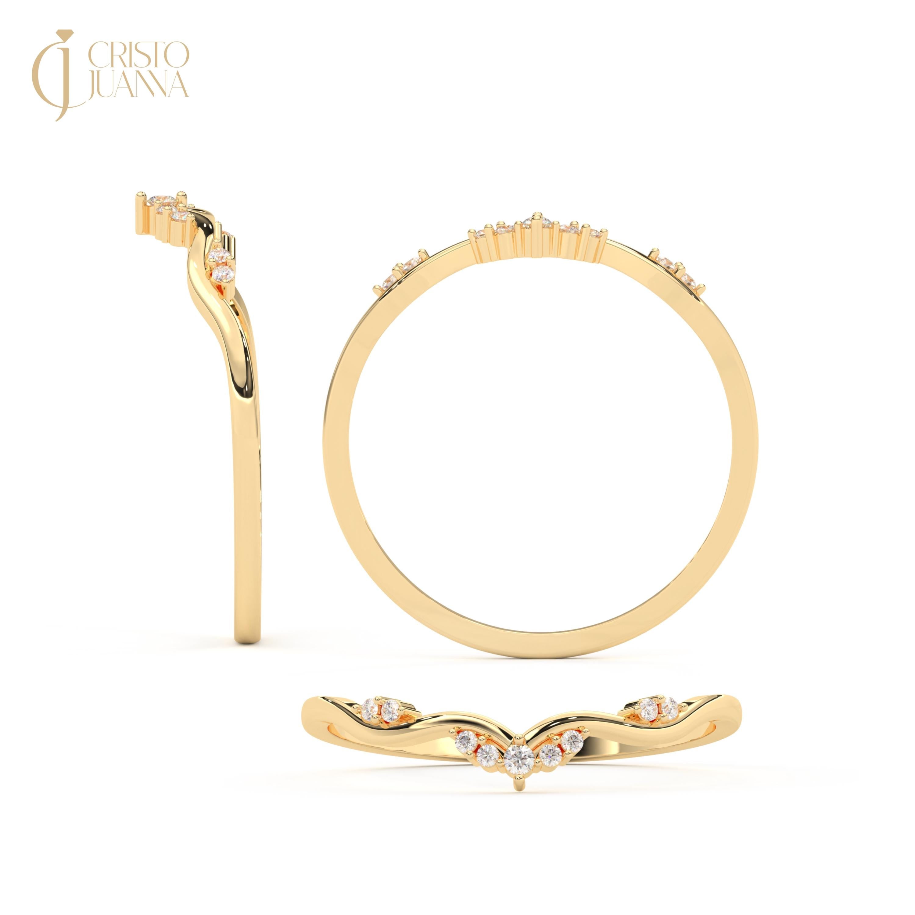 V Shape Scatter Diamond Ring Chevron Wedding Band 14K Solid Gold, Tiny Diamond Curved Engagement Ring, Wishbone Nesting Promise Ring Women