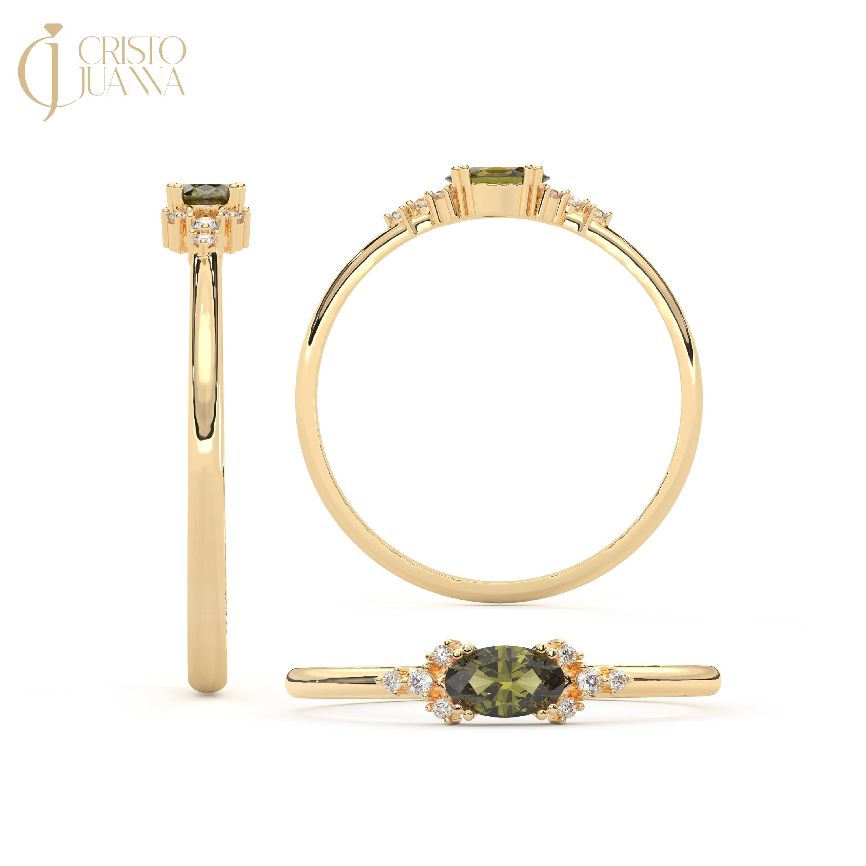 14K Solid Gold Peridot Diamond Ring, Natural Dainty Oval Birthstone Stacking Band, Genuine Green Peridot Stackable Ring for Women