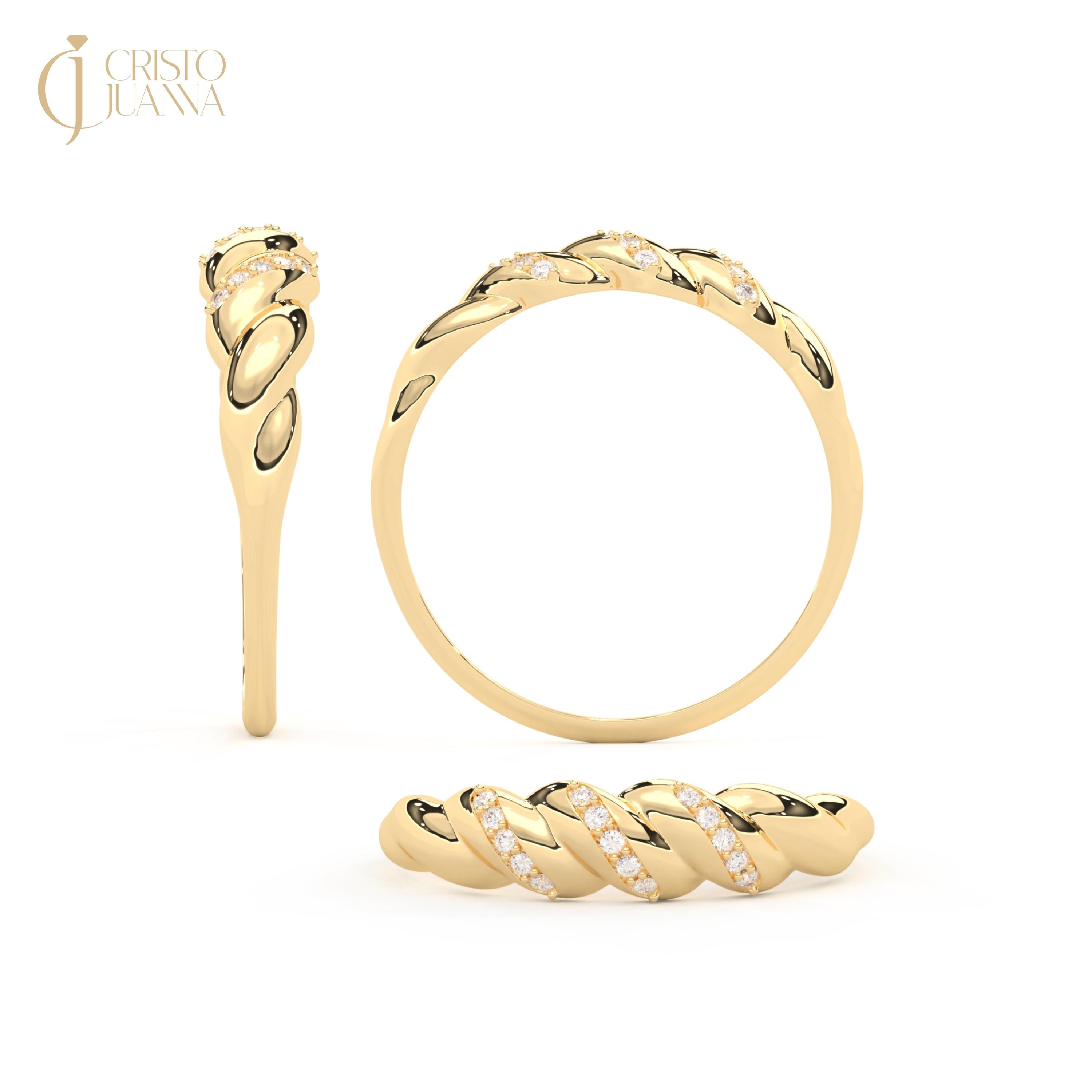 Croissant Dome Cluster Diamond Statement Ring, 14K Solid Gold Ribbed Signet Ring Moissanite Twisted Rope Wedding Band