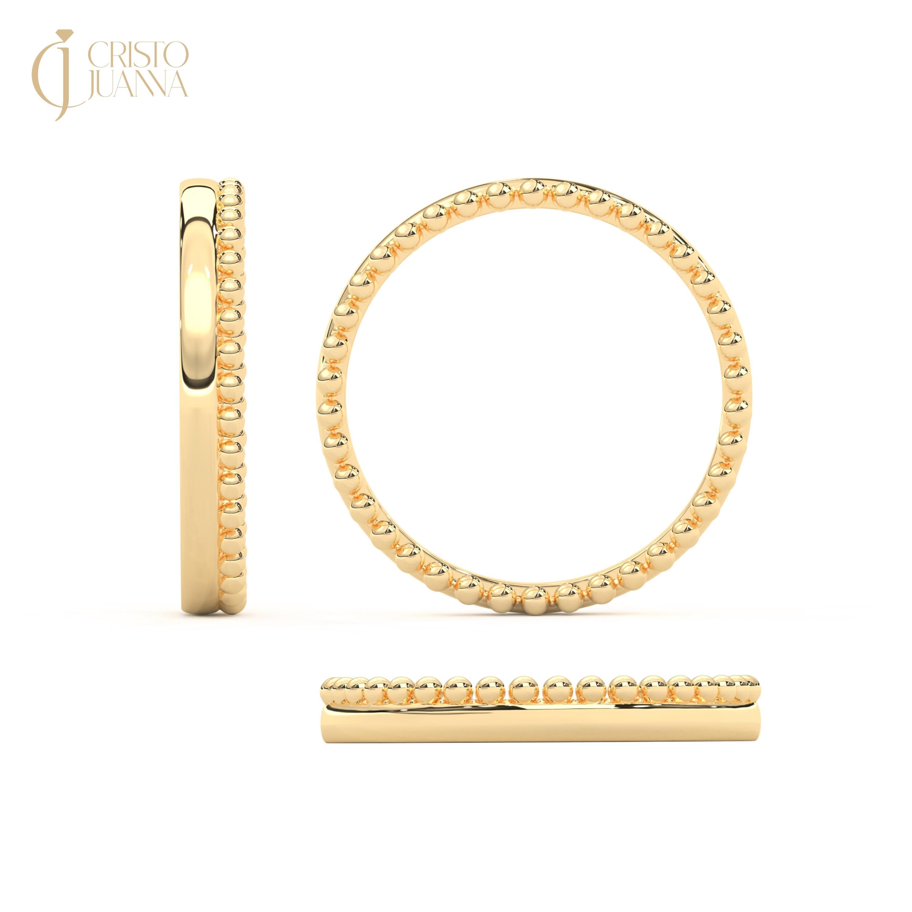 Beaded Wedding Ring 14K Solid Gold Band, Real Gold Statement Band, Braided and Plain Band for Women