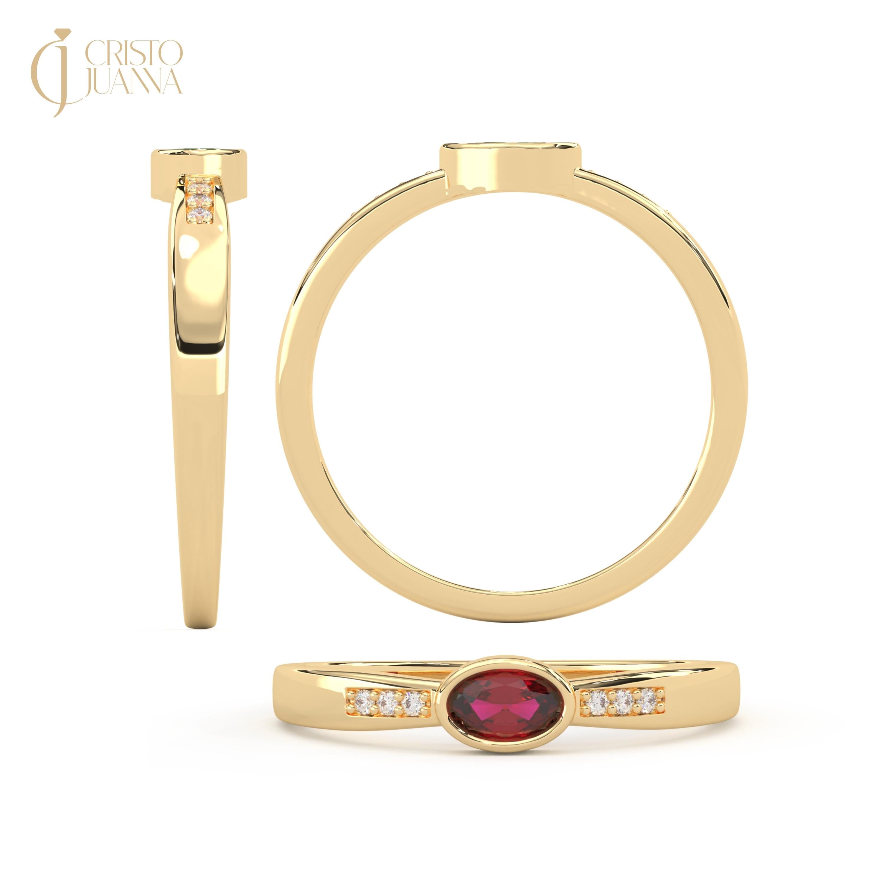 Ruby Engagement Ring 14K Solid Gold with Side Diamond, Vintage Style Birthstone Ring Tiny Moissanite Band Red Gemstone Rings