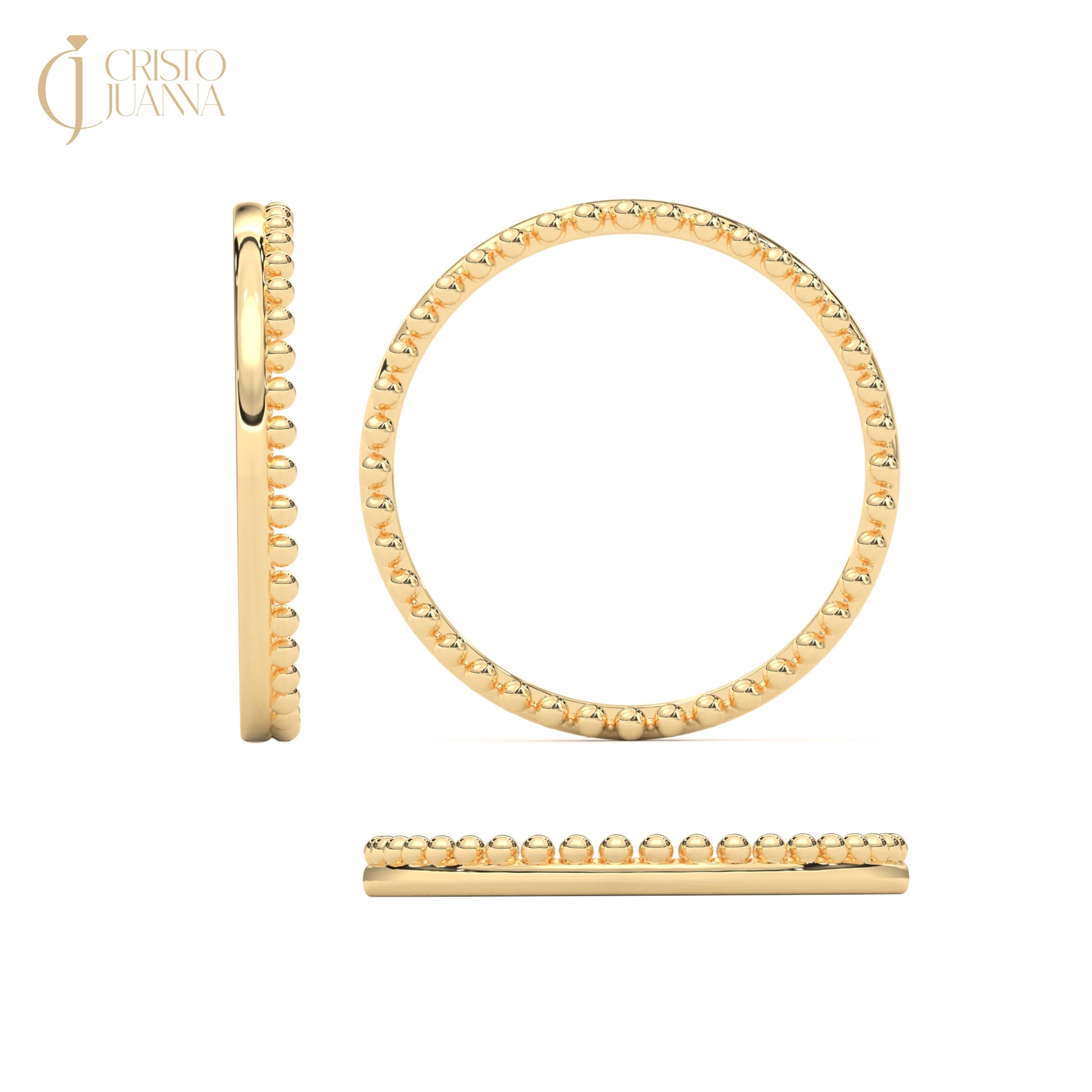 Beaded 14K Gold Wedding Band, Braided and Plain Textured Ball Ring