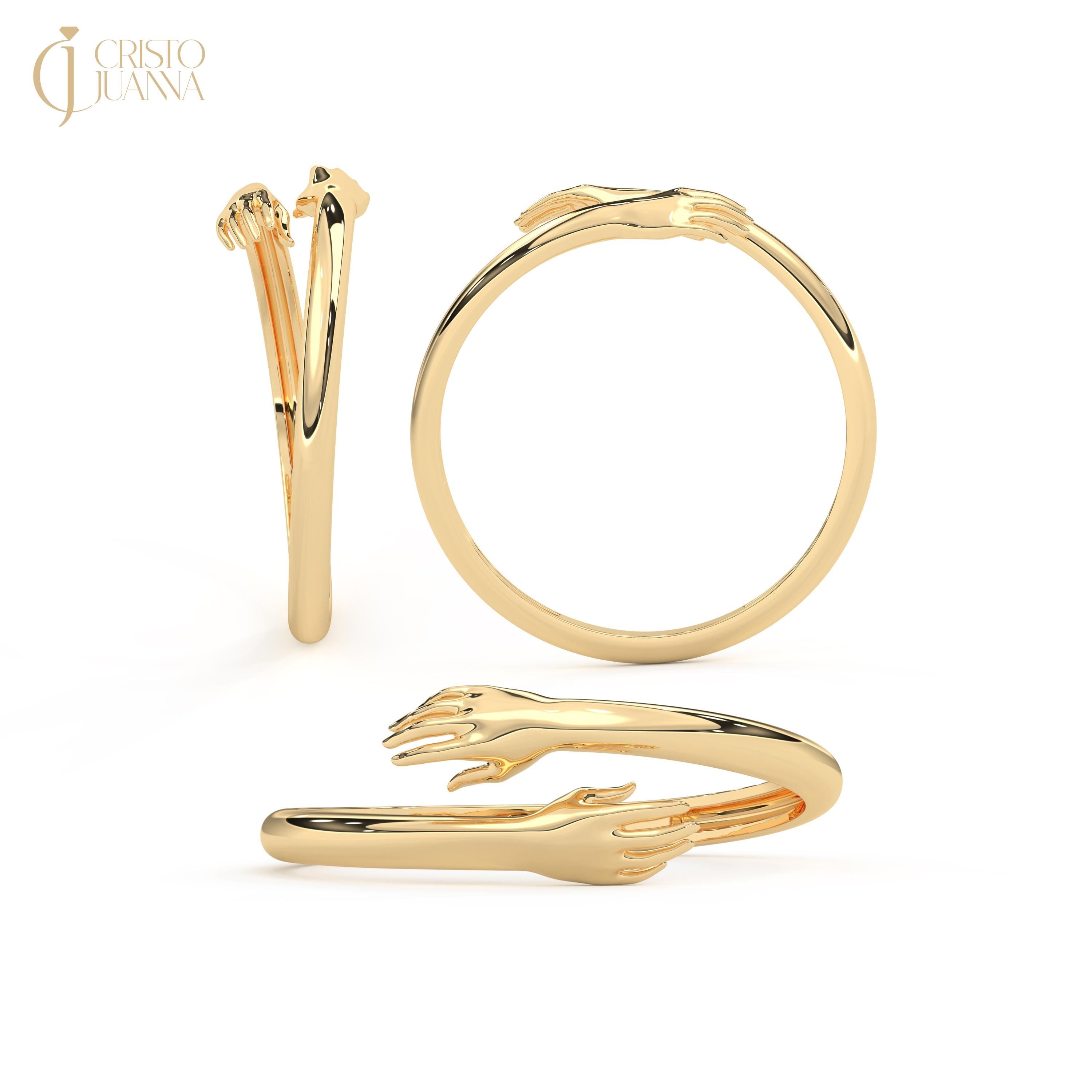 Hugging Lovingly Ring, 14K Solid Gold Hug Stacking Ring for Women, Love Hands Open Cuff Stacked Band, Dainty Adjustable Love Ring
