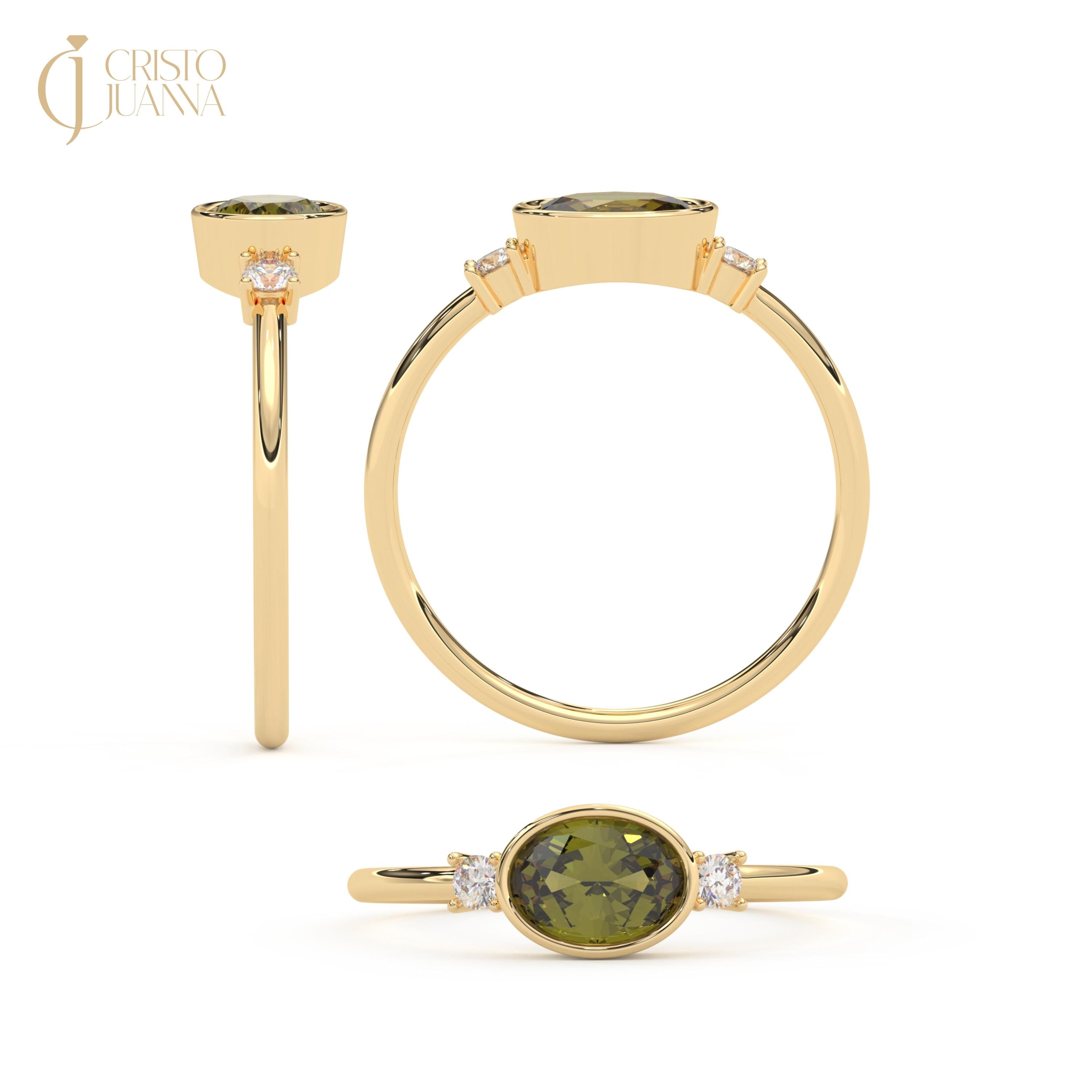14K Solid Gold Peridot Ring, Oval Birthstone Ring with Side Diamond Band, Peridot Green Gemstone Rings for Women