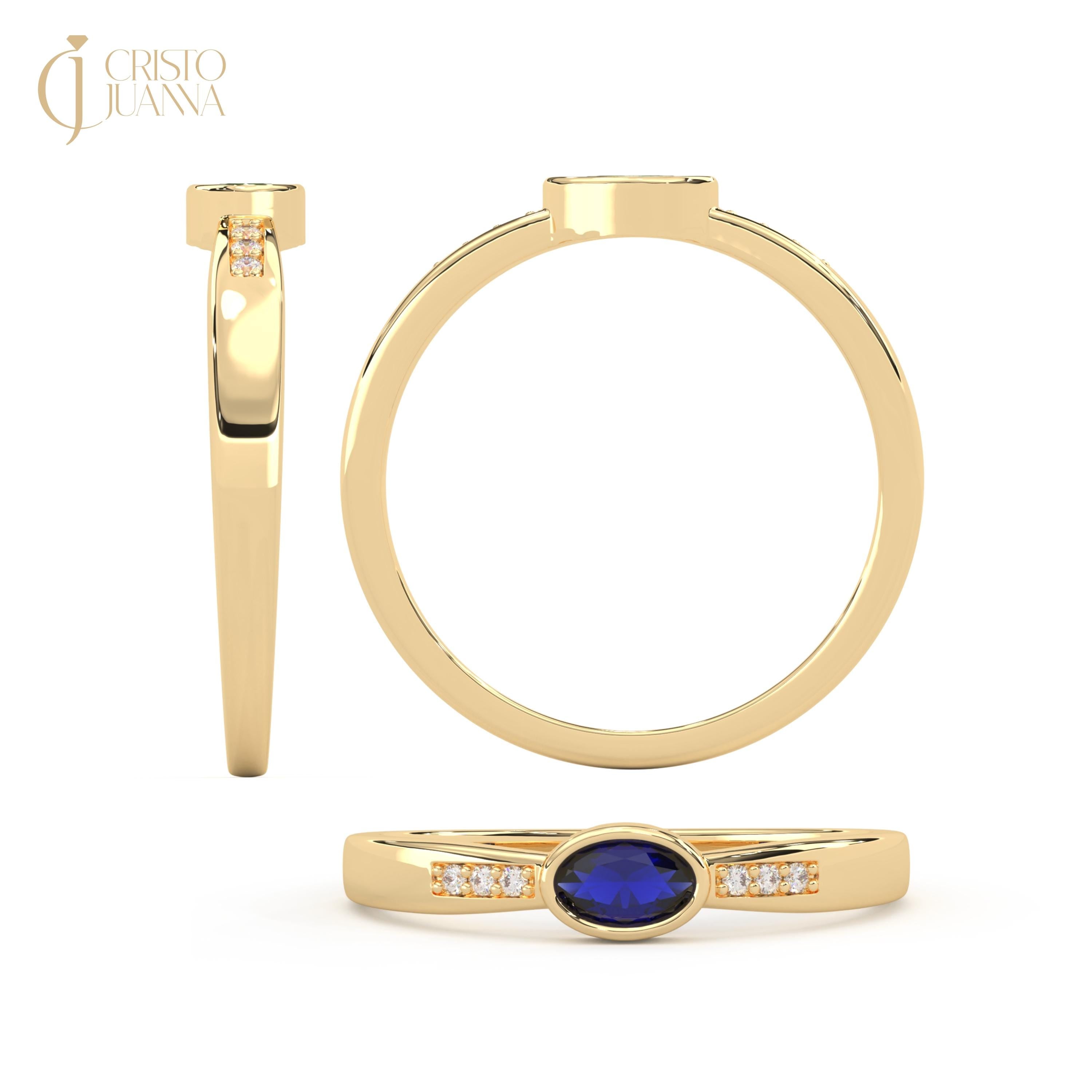 14K Solid Gold Blue Sapphire Ring: Oval Birthstone Rings Diamond Wedding Band