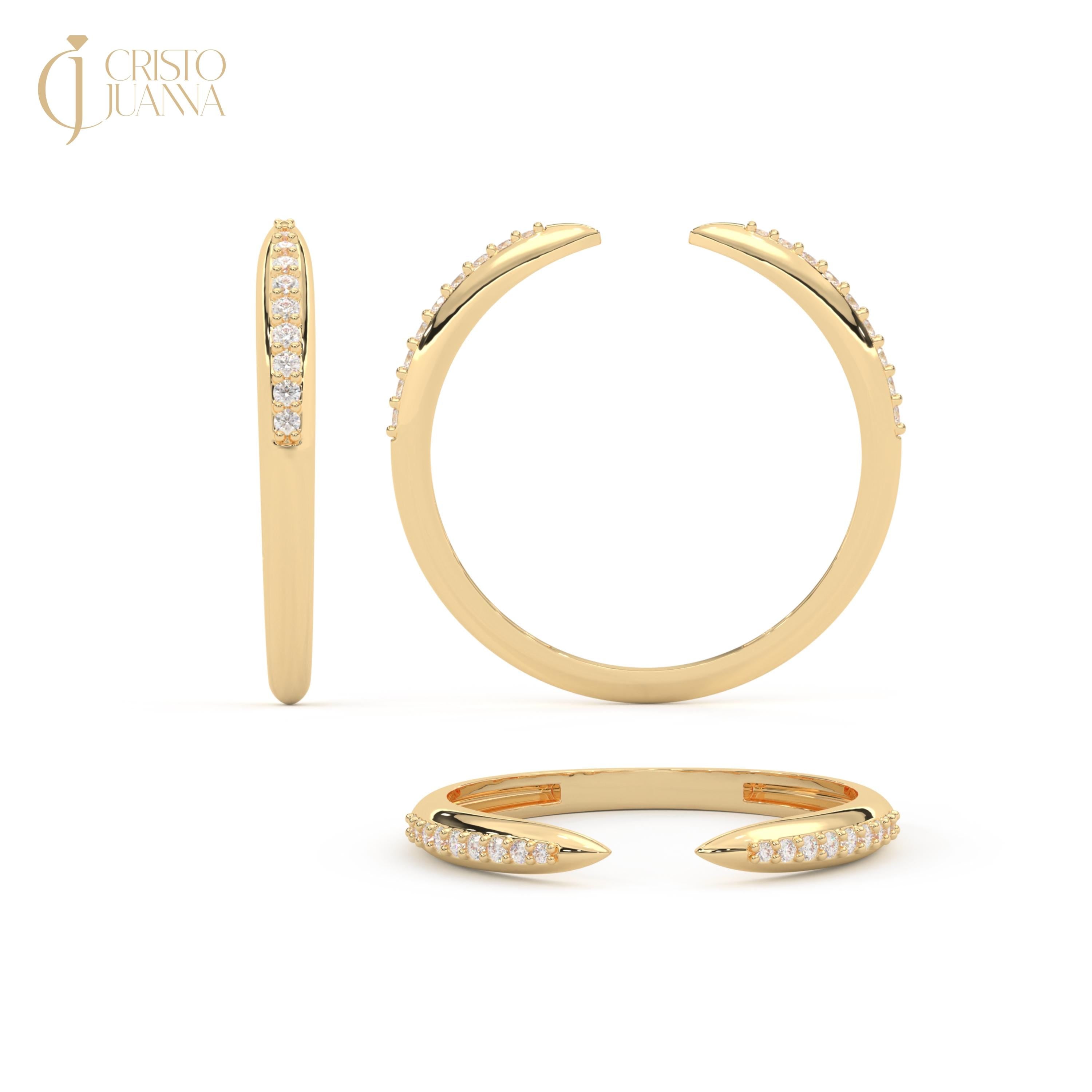 Open Cuff Spike Ring 14K Solid Gold Diamond Band, Open Adjustable Ring Crescent Moon Stacking Ring, Tiny Moissanite Daily Sharp Ring Women